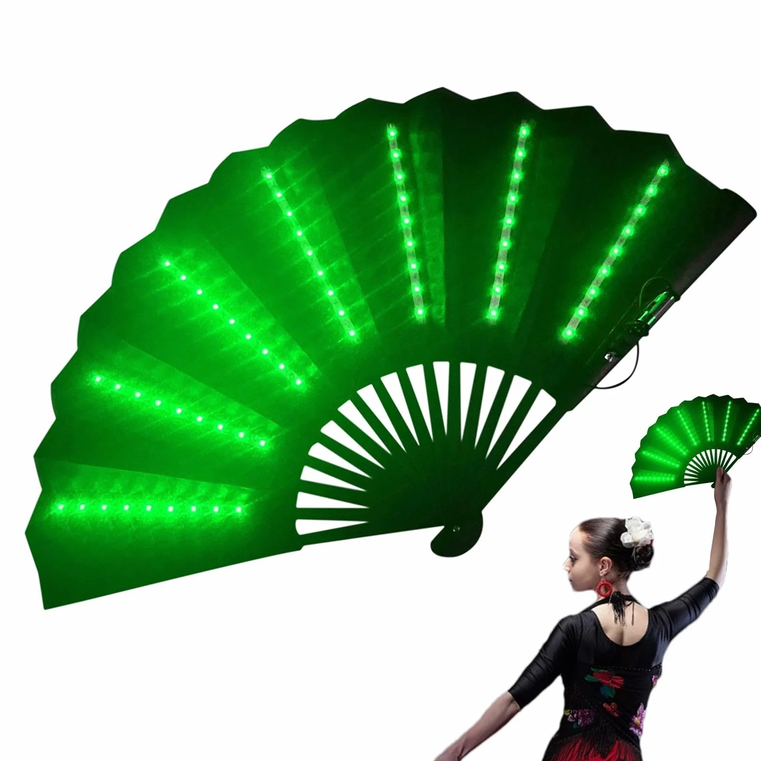 Abanico de mano plegable iluminado para festivales, multiusos de viaje