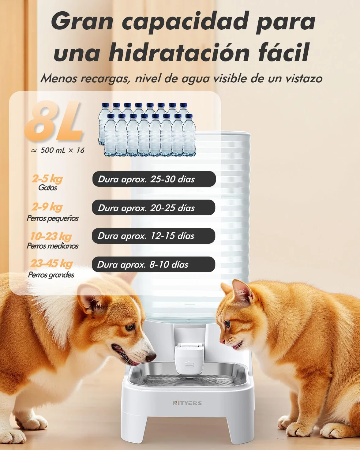 8L Bebedero Gatos por Gravedad con Grifo Patentado, Comedero Gato automático con Filtro y Base Ajustable, Boca Ancha para fácil Limpieza, Materiales Aptos para Alimentos