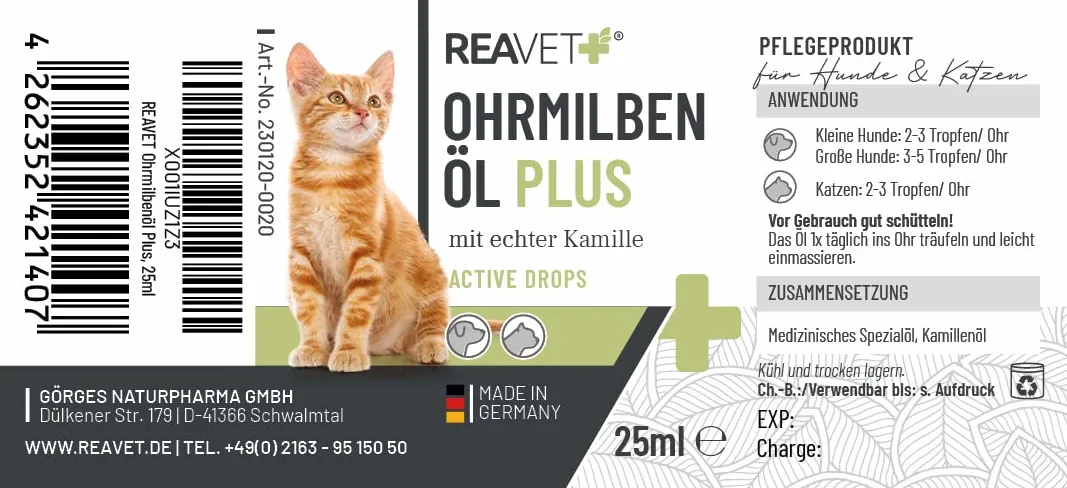 ReaVET Aceite de ácaros del oído Plus 25 ml para gatos de inmediato – contra los ácaros del oído con manzanilla para gatos, cuidado suave en caso de picazón en el oído, gotas para los oídos, ácaros,