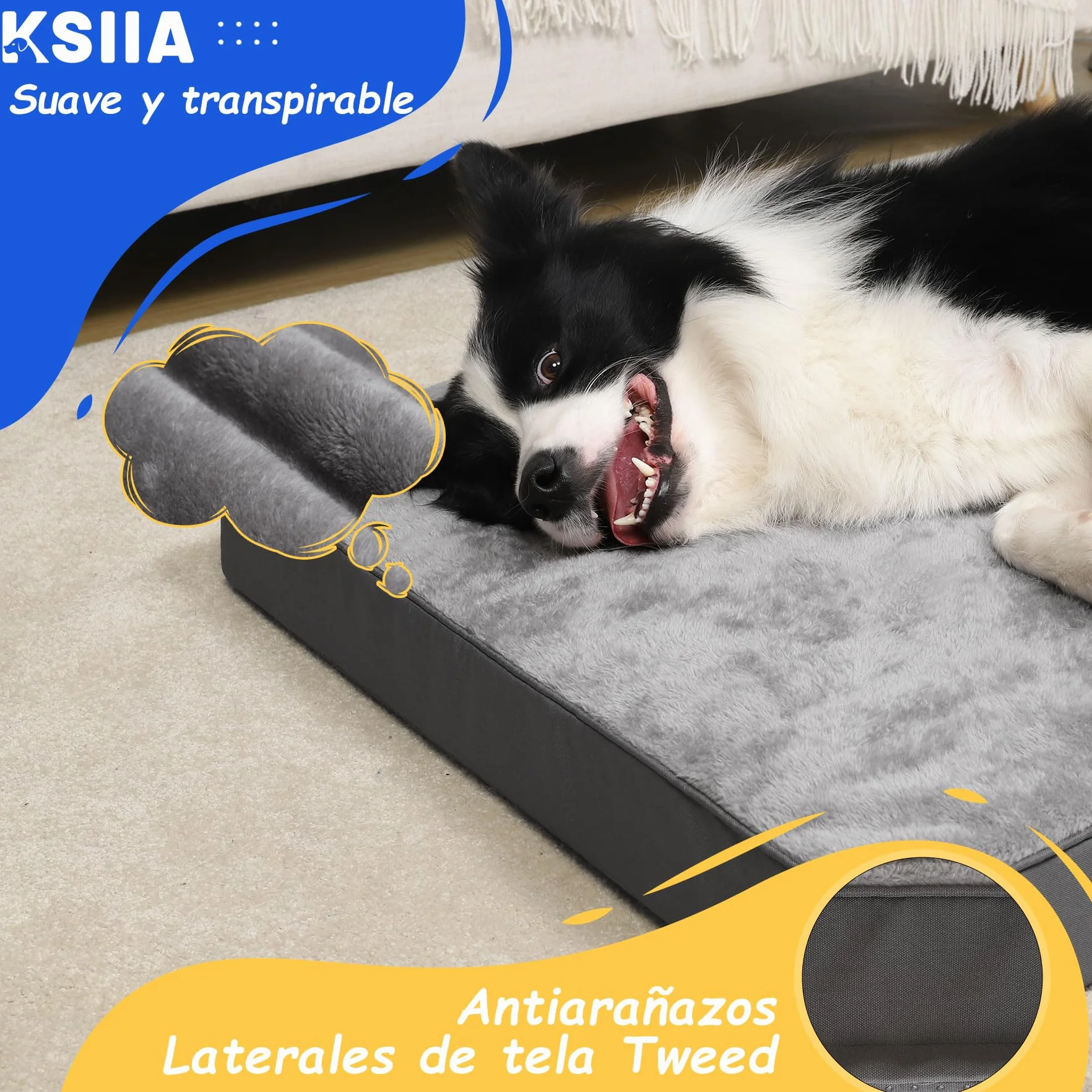 KSIIA Camas Perro Ortopédica Grande, 90x55cm, Cama para Perros L, Colchon Cojín Colchoneta Perro Desenfundable, Cama Mascota Lavable a Máquina Relleno Grueso Fondo Antideslizante Dog Bed, Gris Oscuro
