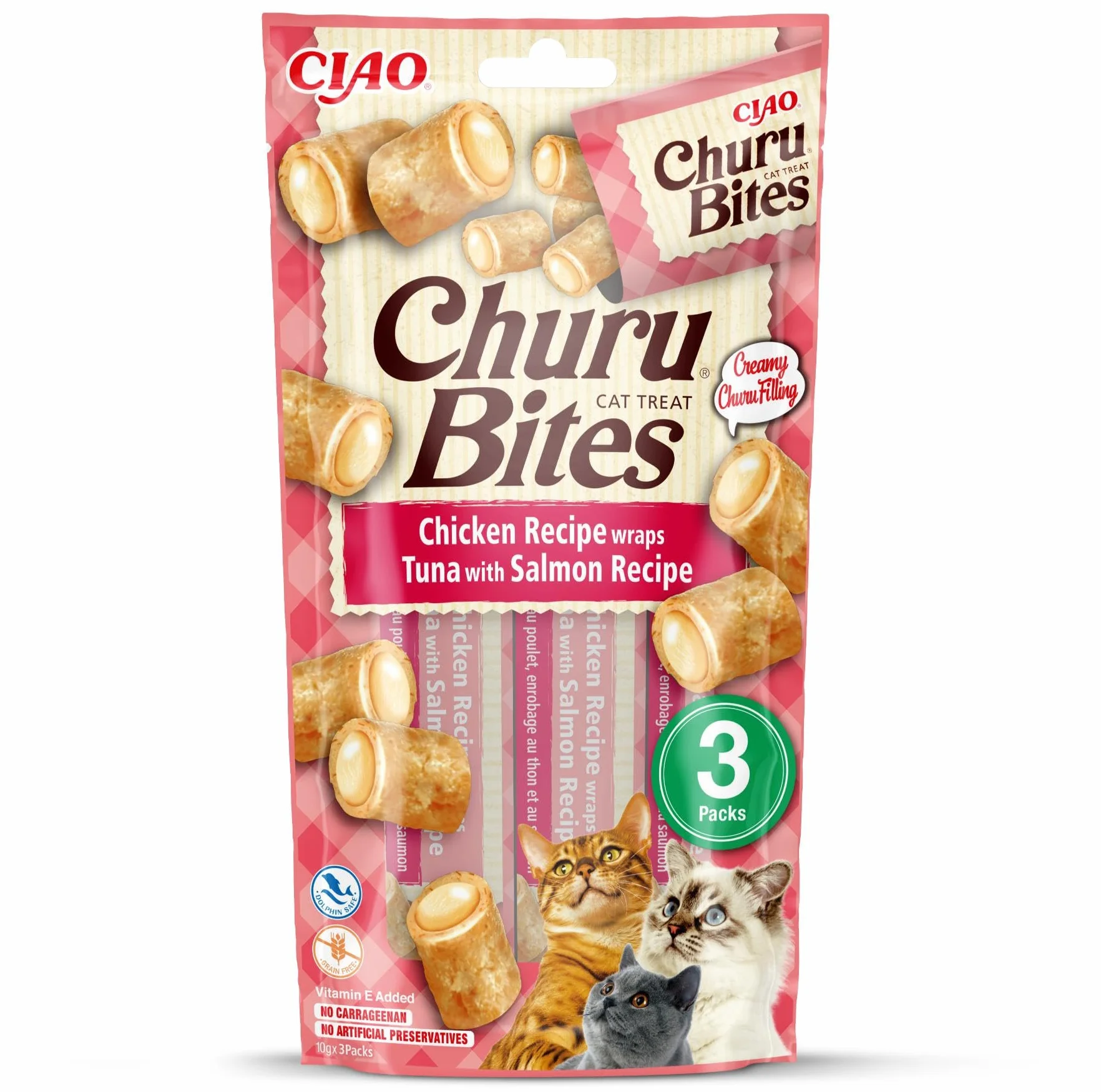 INABA Churu Bites Gatos - Snacks de Atún y Salmón - Premios Saludables - Golosinas Crujientes y Cremosas - Pequeña y Práctica Porción - Sin Conservantes ni Colorantes - 30g (3x10g)