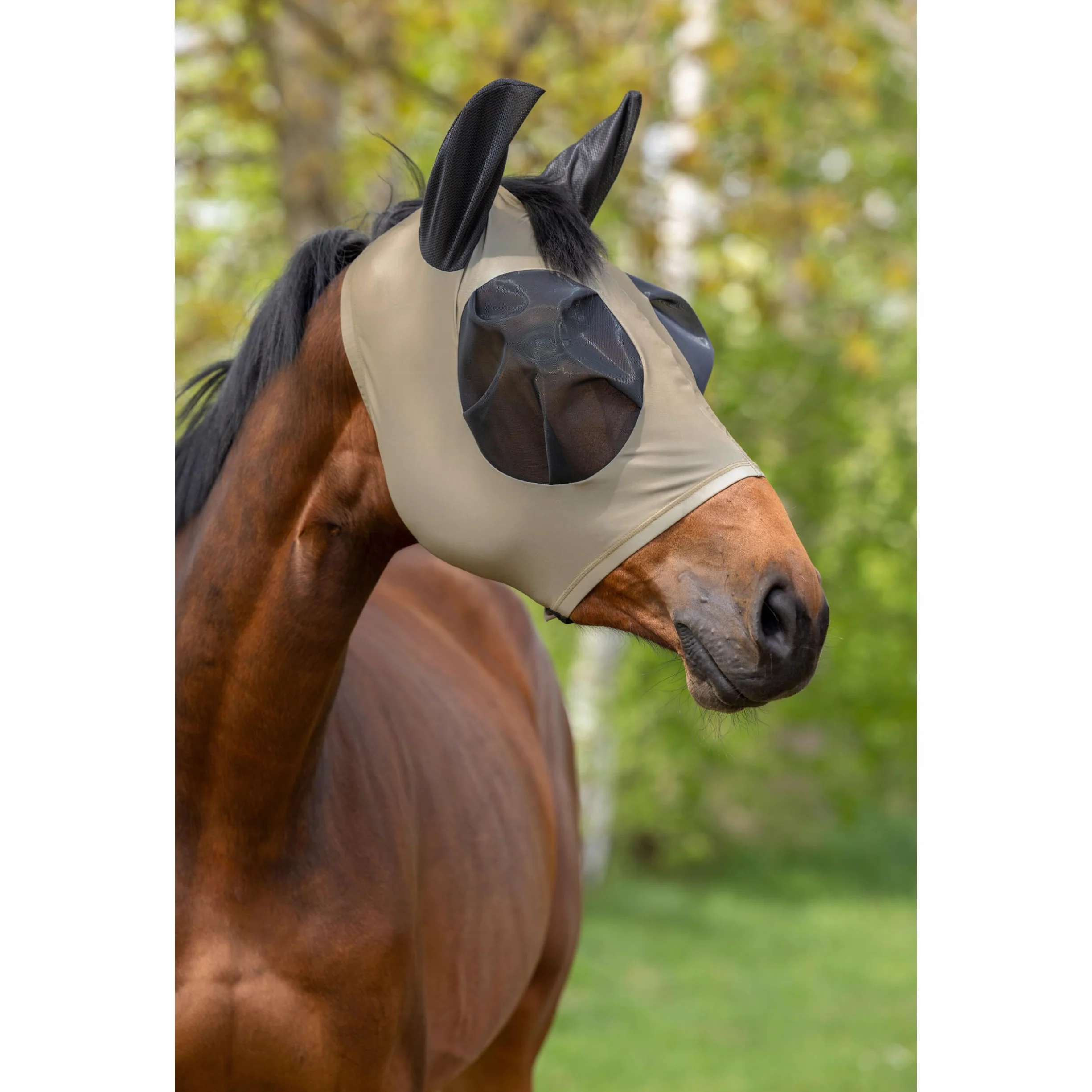 COVALLIERO FinoStrech FS26 - Máscara antimoscas con cremallera para caballo, elástica y ligera, protección para los ojos y la cabeza (nogal, mazorca)