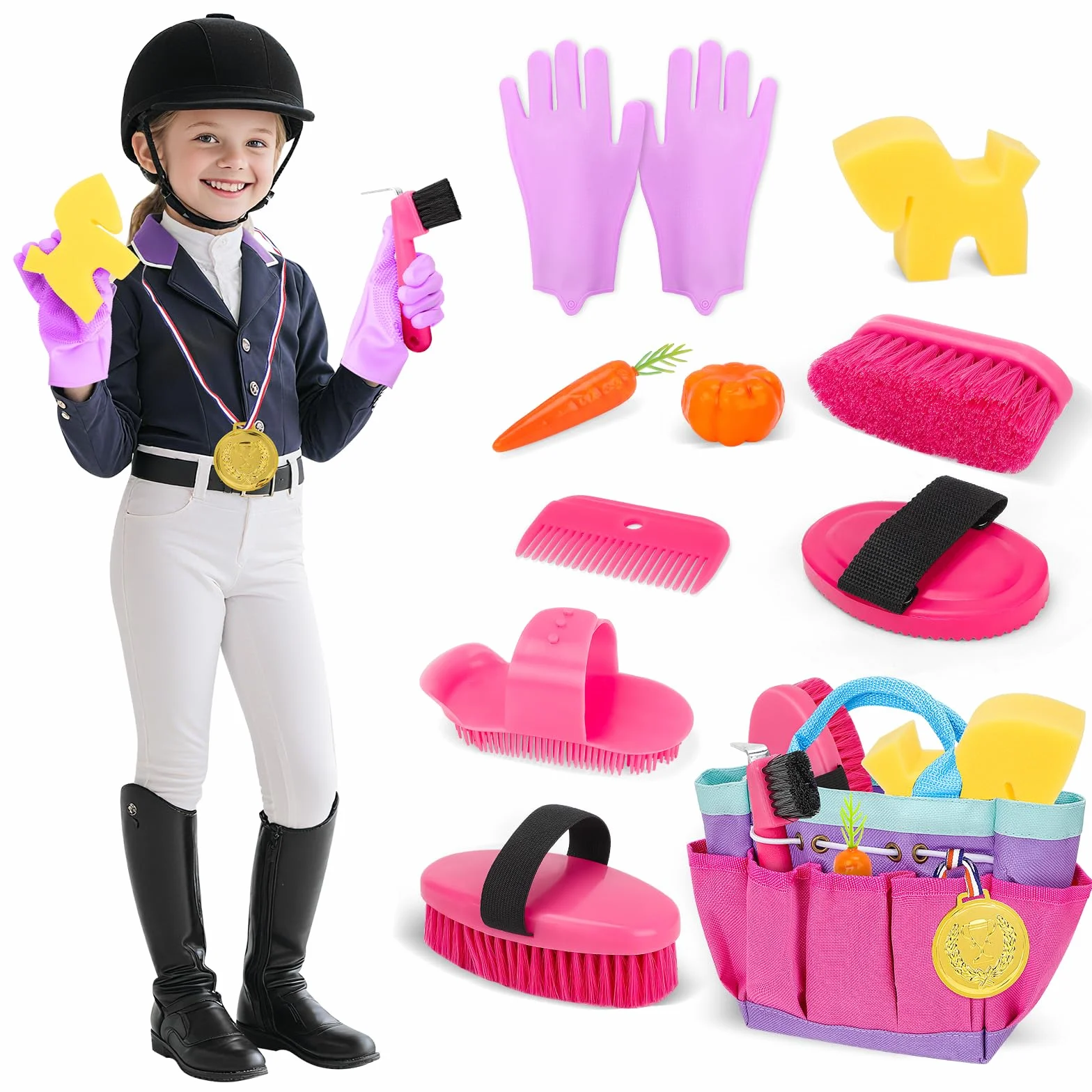 deAO Set de Cuidado de Caballos con Bolsa, Utensilios de Limpieza para Caballos para Niños con Cepillo, Guantes, Cepillo de Masaje, Peine para Crines, Rascador de Cascos, Esponja para Caballos (Rosa)