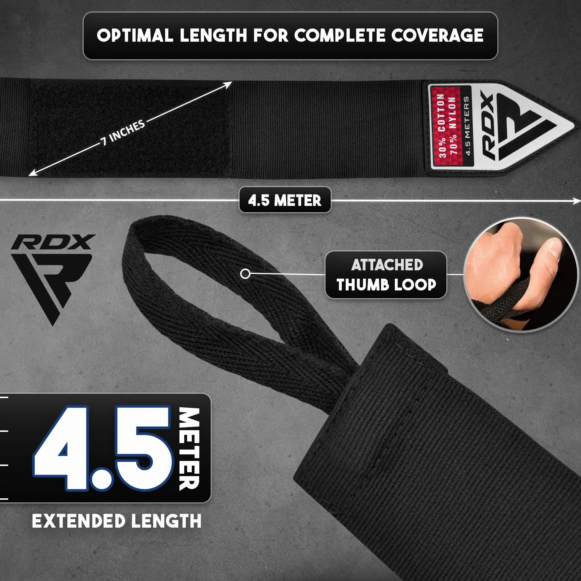 RDX Vendas Boxeo Guantes Interiores 4,5 Metros 180 Pulgadas Elástico Correa de Muñeca Soporte Cinta Entrenamiento Hand Wraps