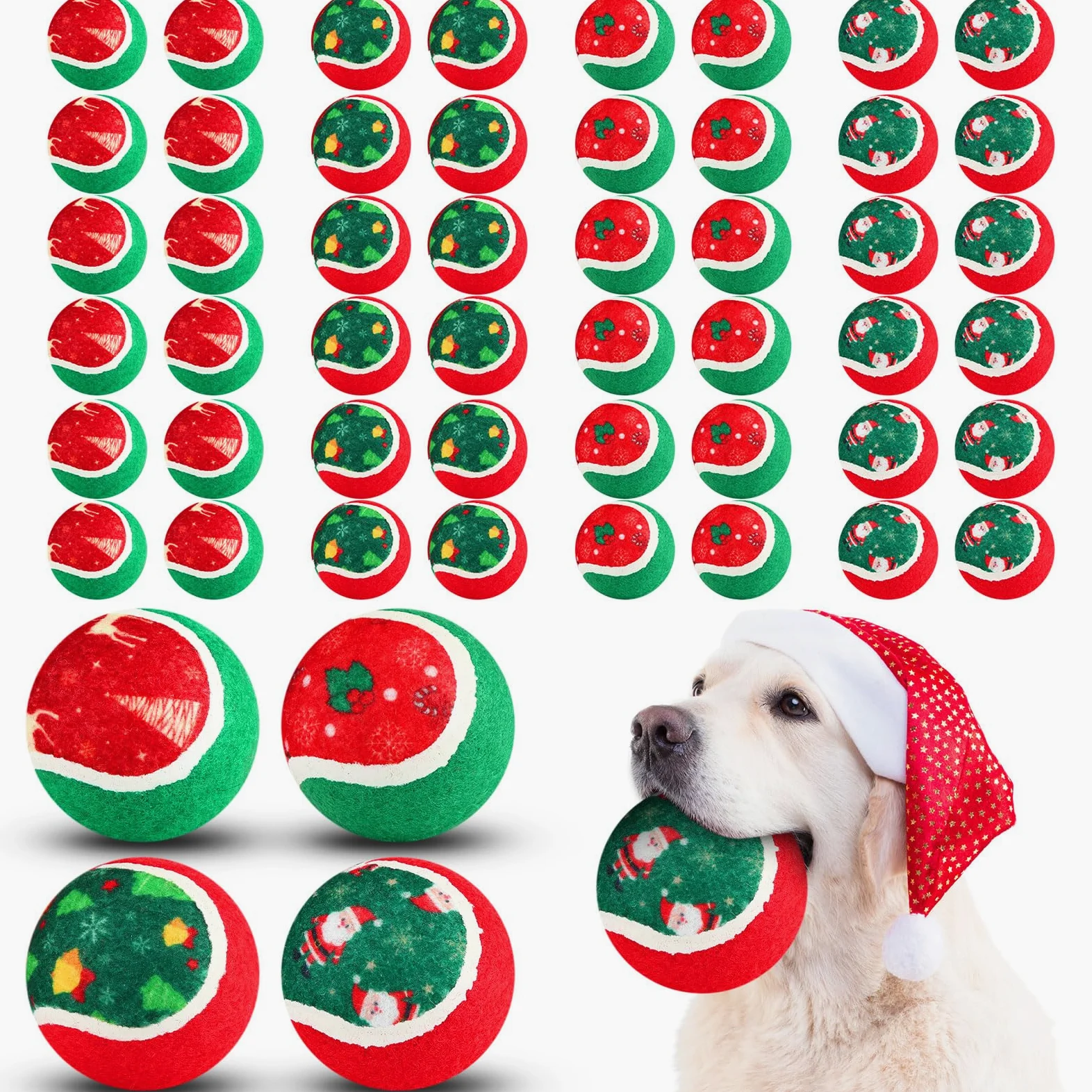 Hiboom 48 pelotas de tenis de Navidad para perros de 2.5 pulgadas, juguetes de Navidad para perros, juguete interactivo para perros pequeños, medianos y grandes, dentición, masticar, entrenamiento,