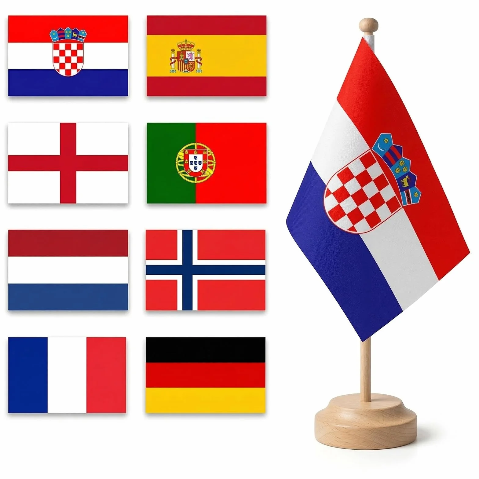 Bandera de Mano 2026 Copa del Mundo Fútbol, 8 Países 30cm Palo, Doble Cara Decoración Mundial