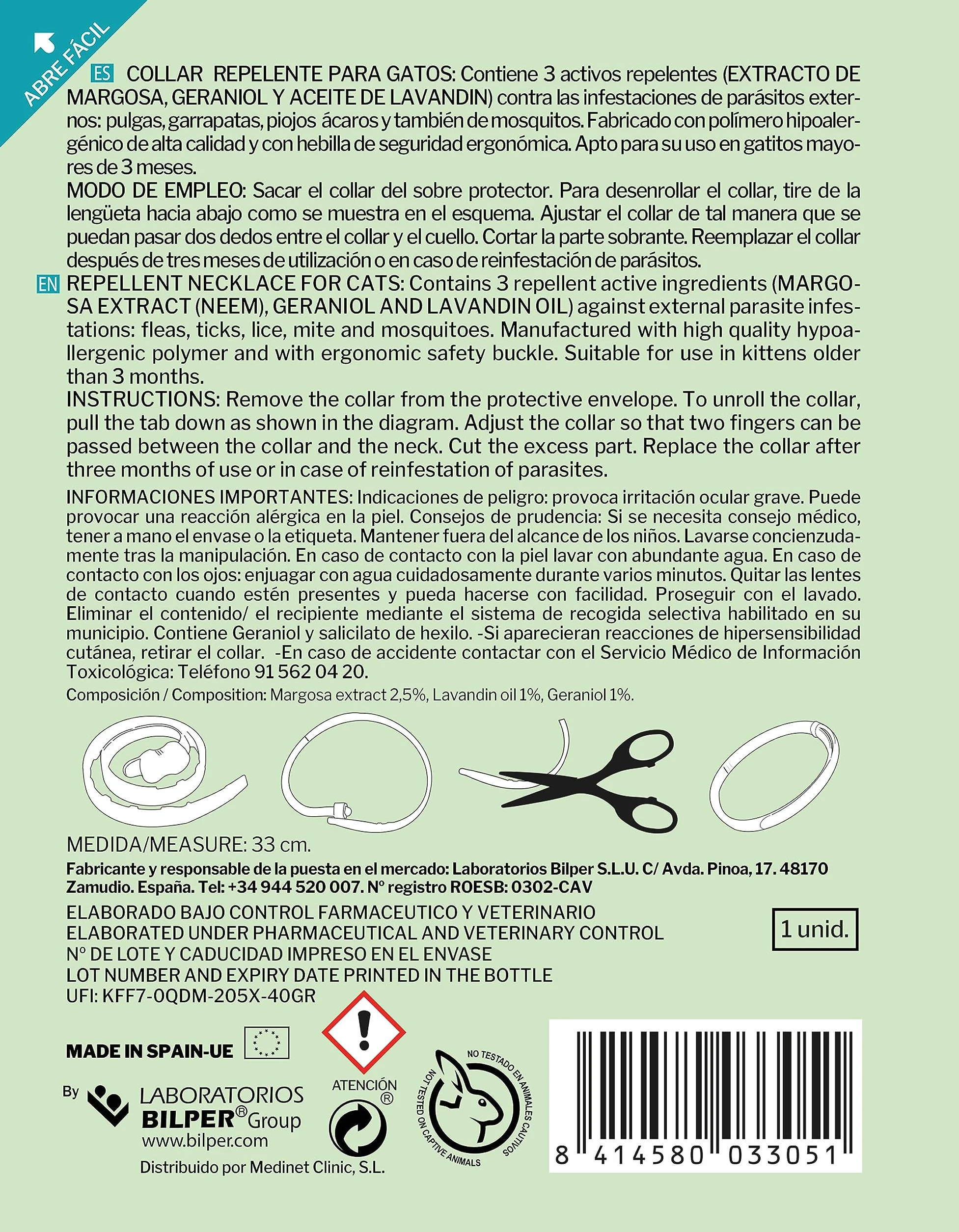 Collar Anti-Insectos para Gatos - Activos Naturales - Geraniol, Margosa, Lavandino - 33 cm Ajustable - Resistente al Agua -