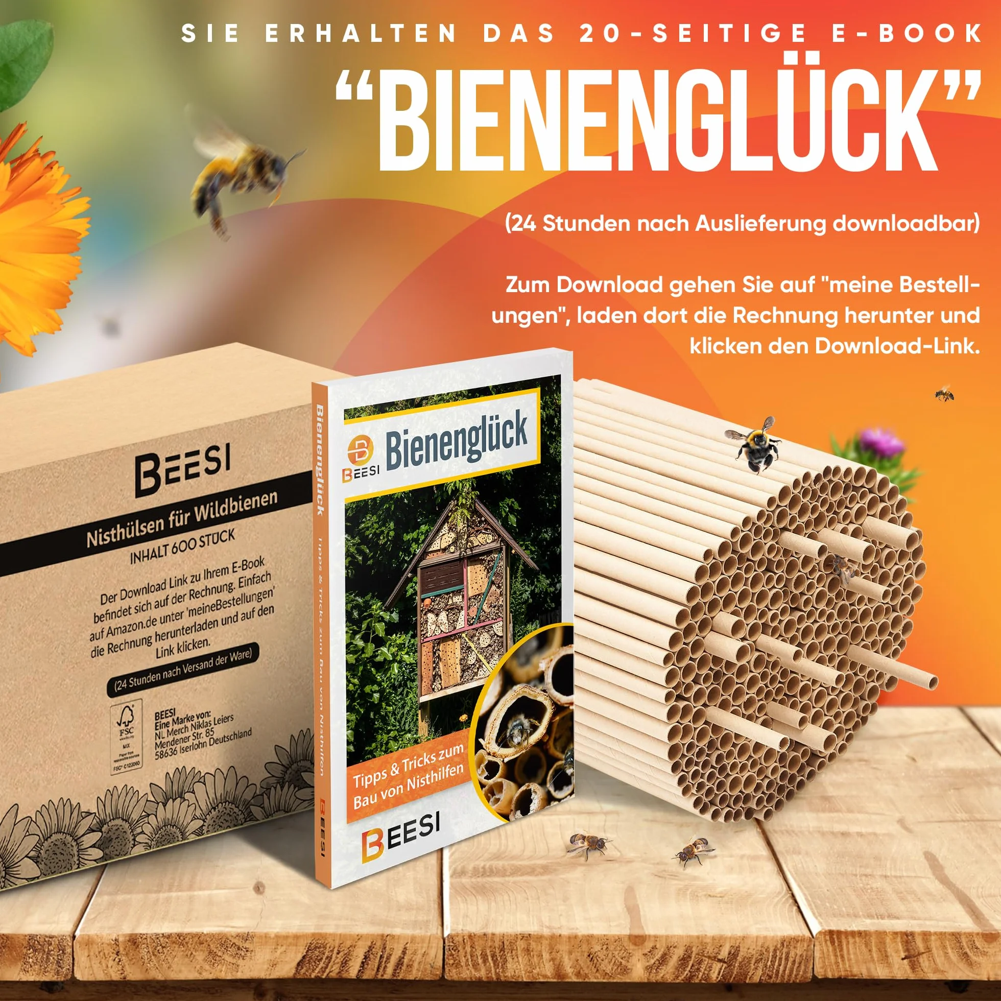 BEESI 300 casquillos de nido para hotel de insectos de 15 cm de largo, 6 y 8 mm de diámetro, mezclados, incluye libro electrónico de nido y tubos de cartón para abejas silvestres..