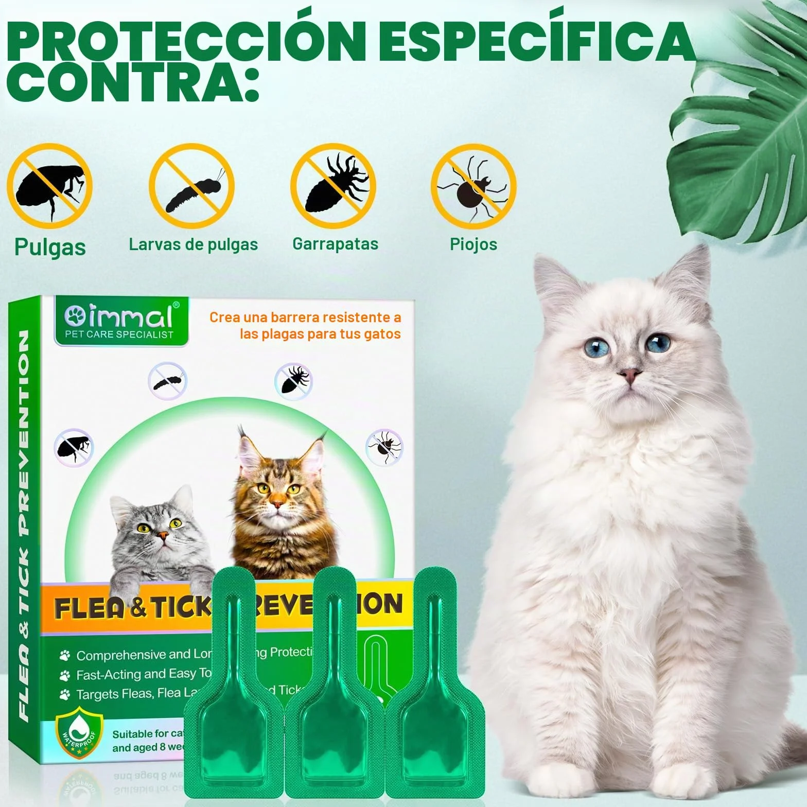 Ver-mi-fu-ge tópico en gotas para gatos 6 unidades, Ver-mif-UG-e Spot on para gatos, prevención de pulgas y garrapatas, fórmula natural fuerte, protección contra las alergias cutáneas, de 6 meses