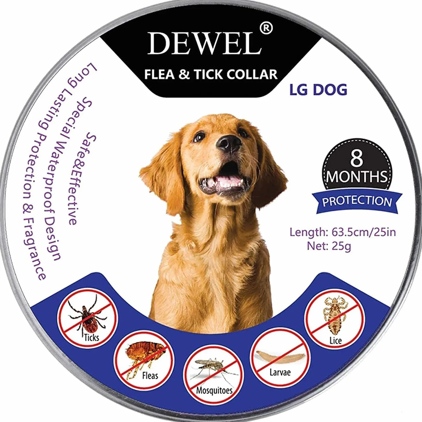 DEWEL Collar Antiparasitario para Perros 63,5 cm Gris 1 Unidad 8 Meses Protección