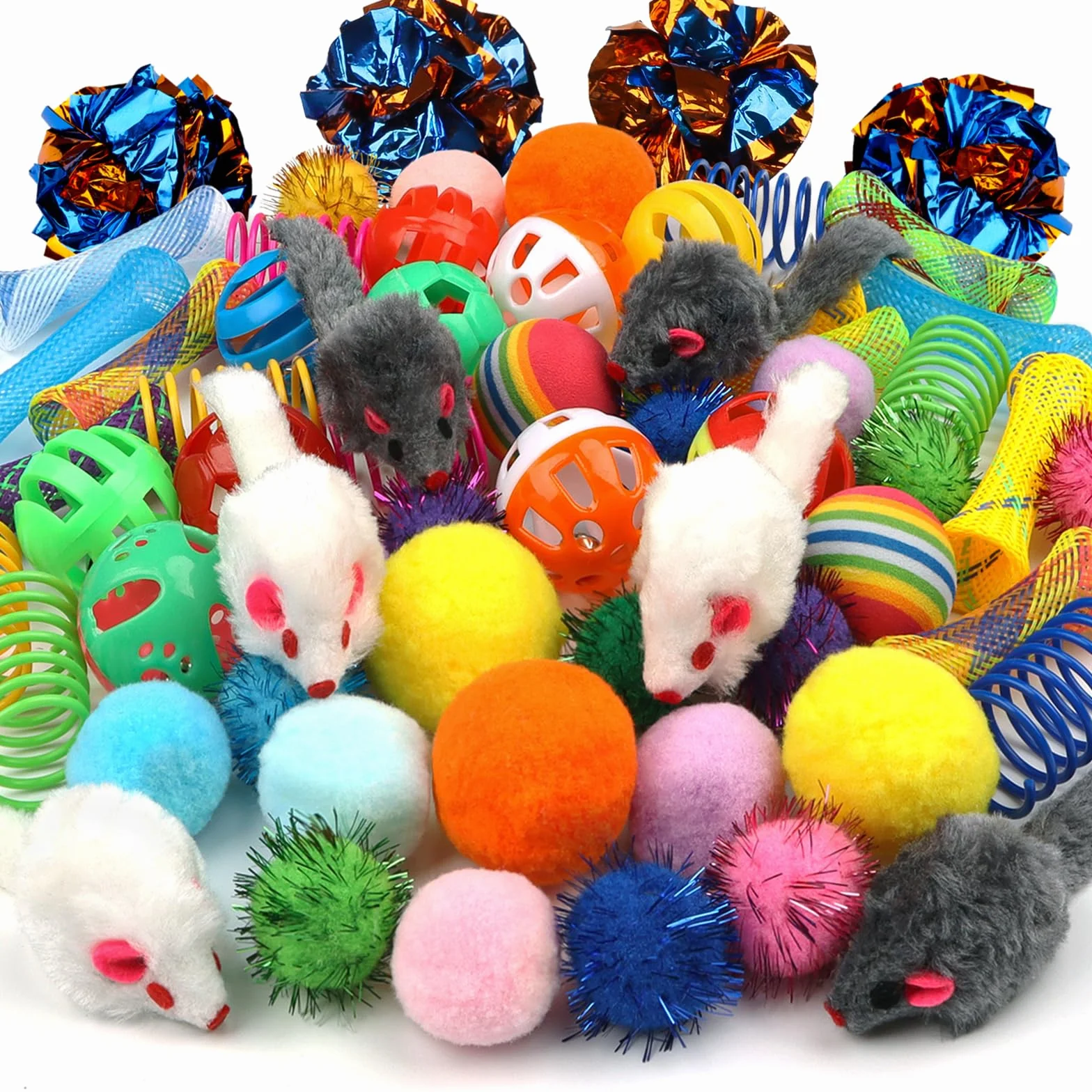 QUOZUO Juego interactivo para gatos, 60 resortes, bolas brillantes, juguetes de ratón, bolas arrugadas y pompones para gatitos