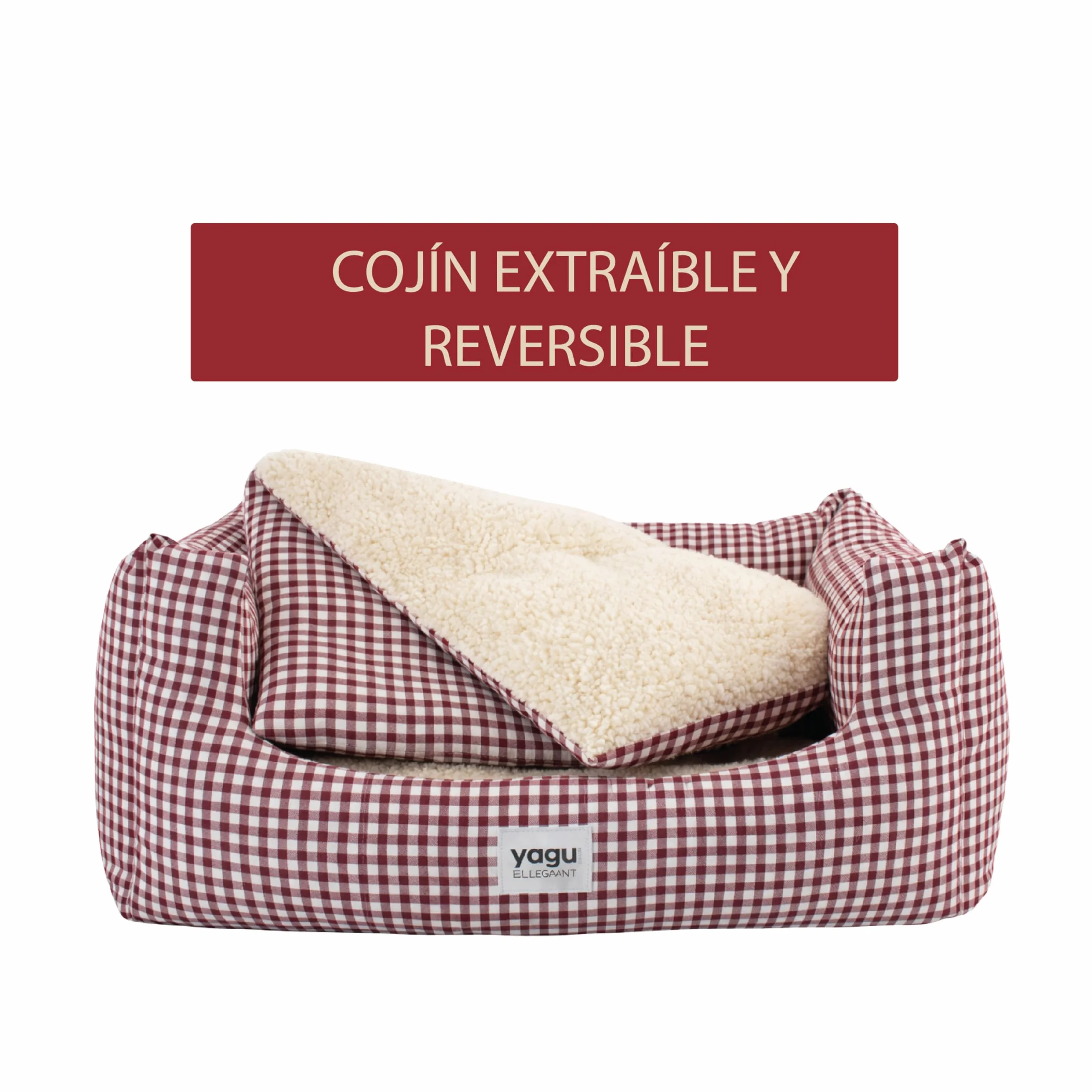 YAGU - Cama para Perros y Gatos T-2 (63x47x23 cm) Cama Confort Diseño Vichy Grana con Interior de Borreguillo Suave. Cojín Reversible, Relleno de Fibra Reciclada, Lavable y Base Antideslizante