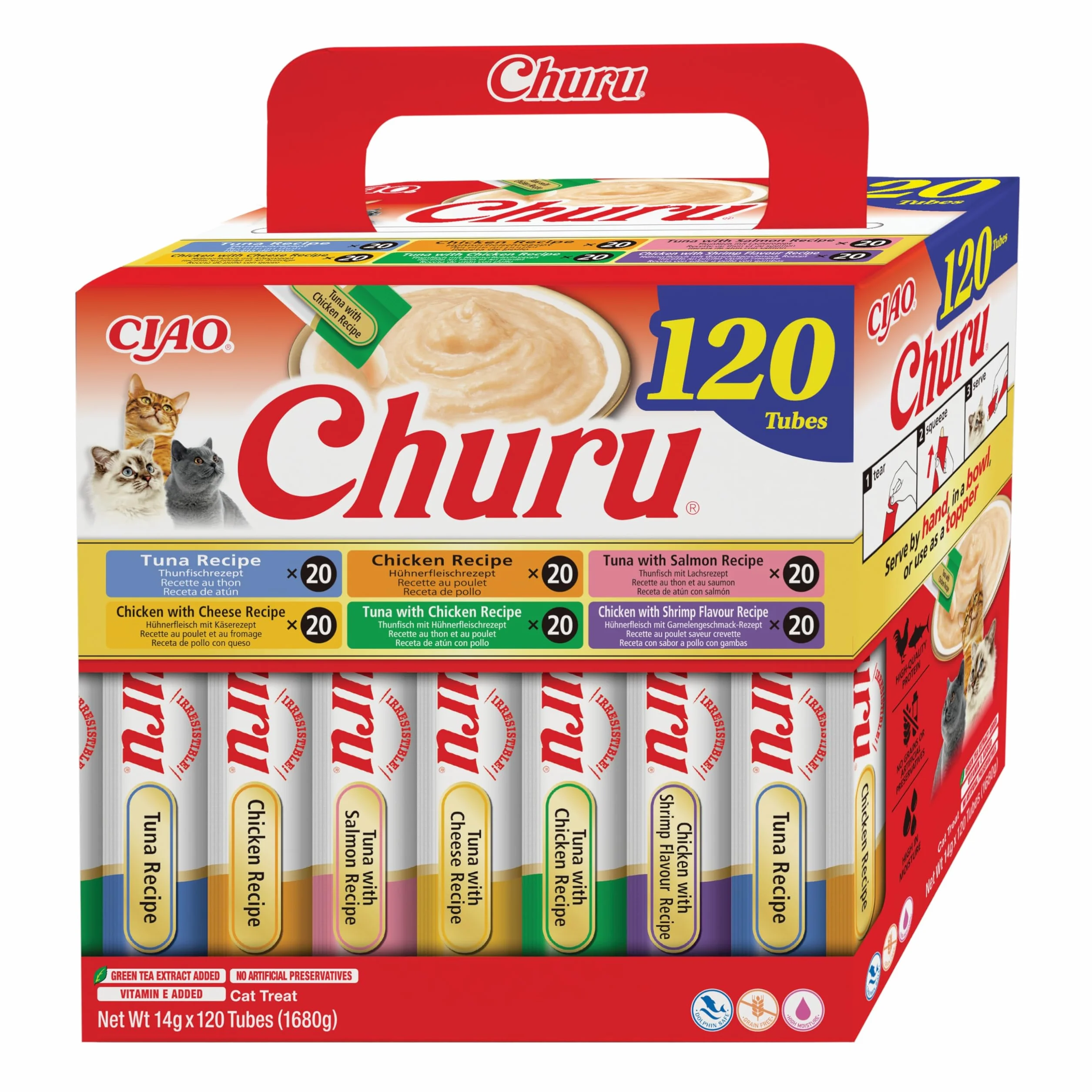 INABA Churu Gatos - 6 Recetas de Snacks Saludables a Base de Atún y Pollo - Deliciosos Premios con Textura Suave y Cremosa - Natural, Sin Cereales, Sin Colorantes - 1,68kg (120 Tubos x 14g)