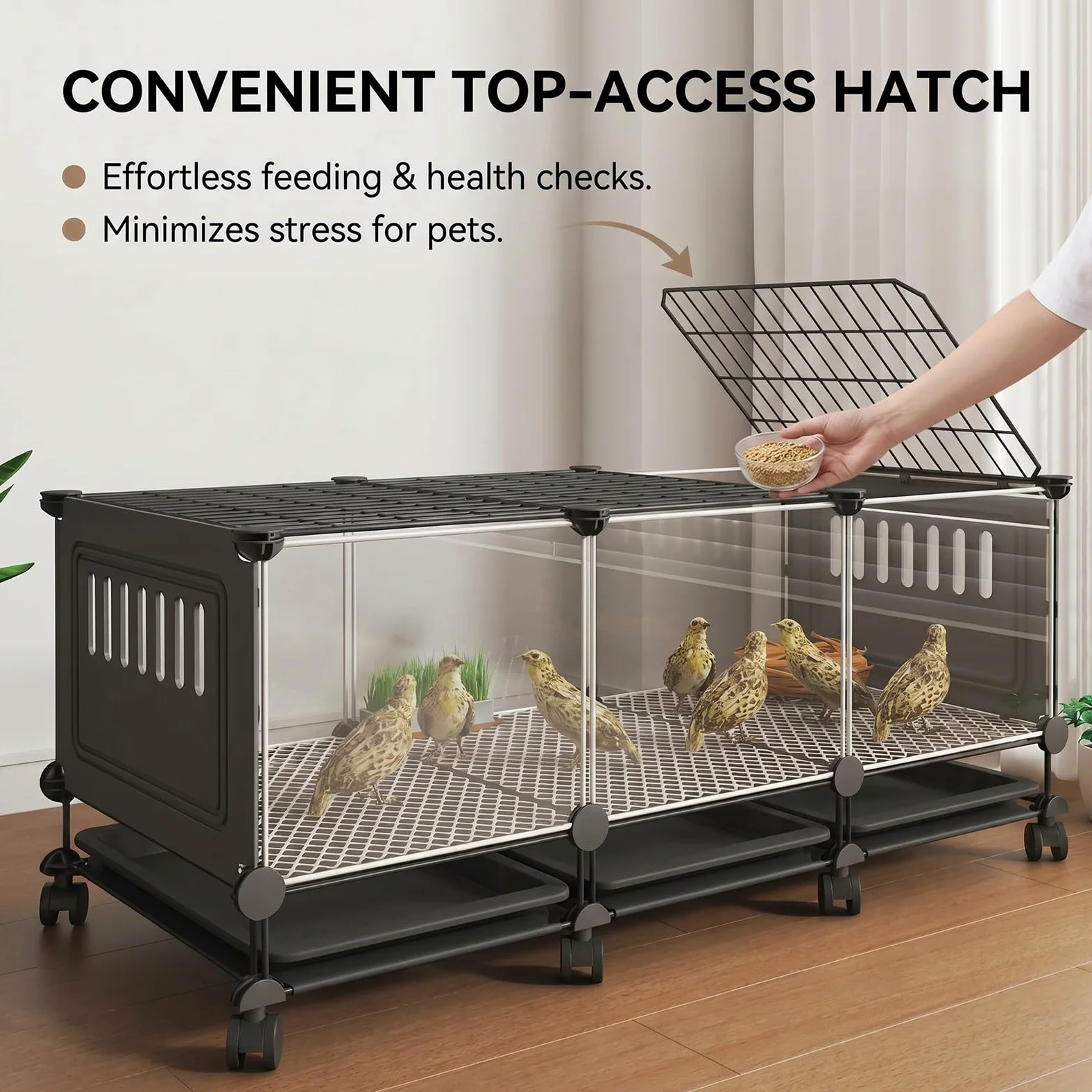 Jaula Grande para Animales pequeños, gallinero Transparente HD para Conejos y gallinas con Ruedas, Bandeja extraíble, Almohadillas Antideslizantes, Caja de cría para gallinas(Black,S)