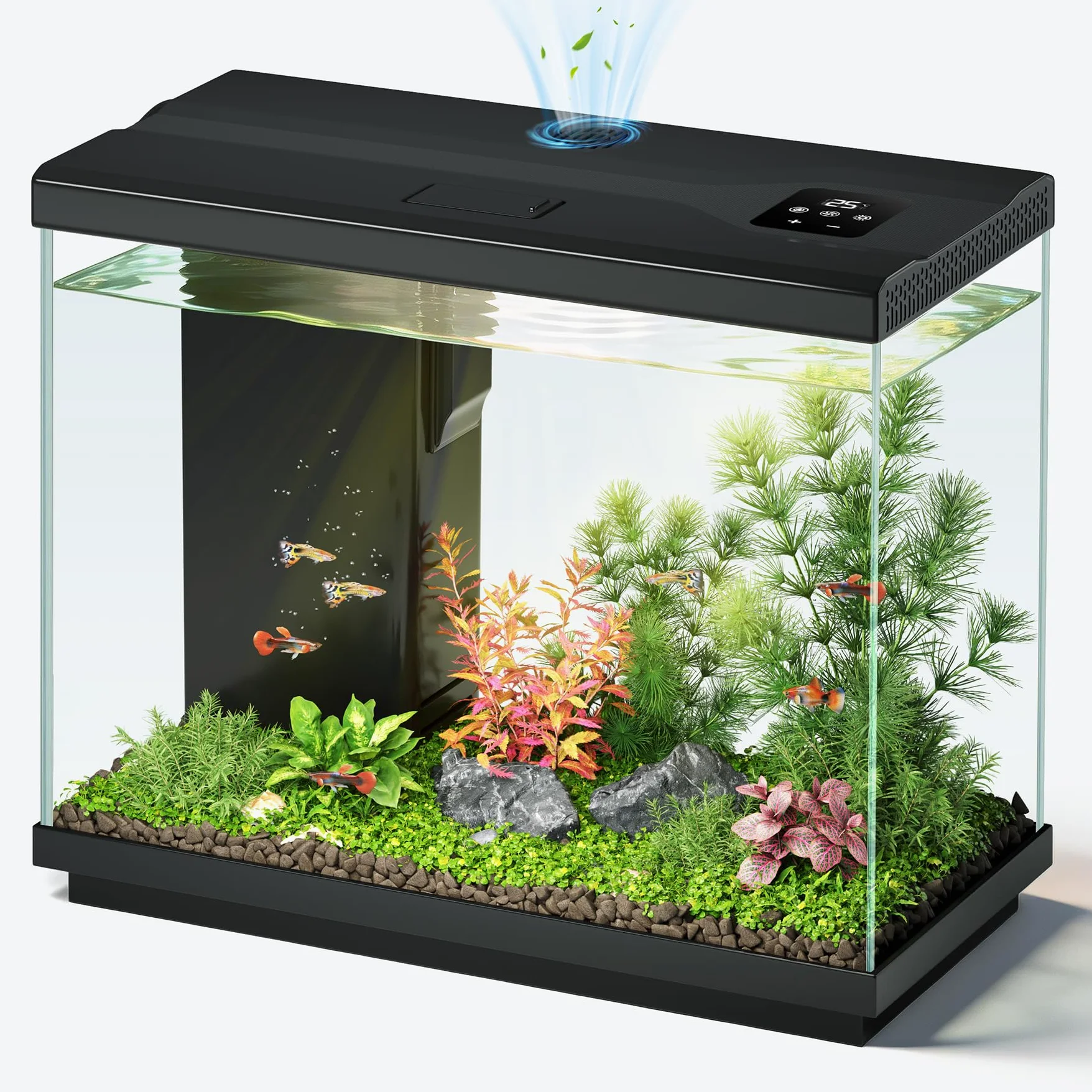 Acuario Pequeño 8.3L con Filtro y Skimmer 4 en 1, Pecera de Cristal con Bomba Silenciosa, Luz LED 8 Colores, Pantalla de Temperatura y Ventilador, Ideal para Escritorio y Oficina