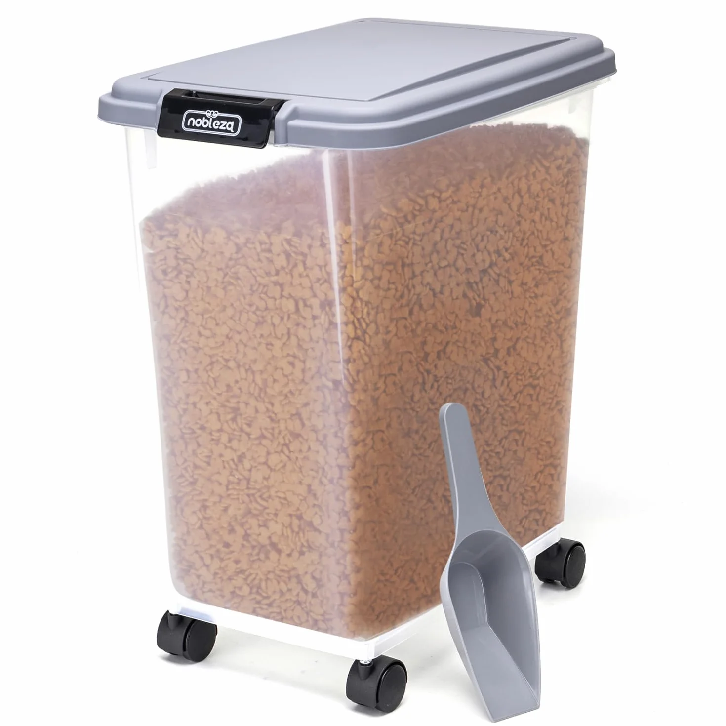Nobleza - 40L Contenedor de Comida para Mascotas, Mascotas Caja de Alimentos con Ruedas Contenedor, Tapa abatible, hermética, Transparente, Ruedas y Pala, para Comida para Perros y Gatos, Gris