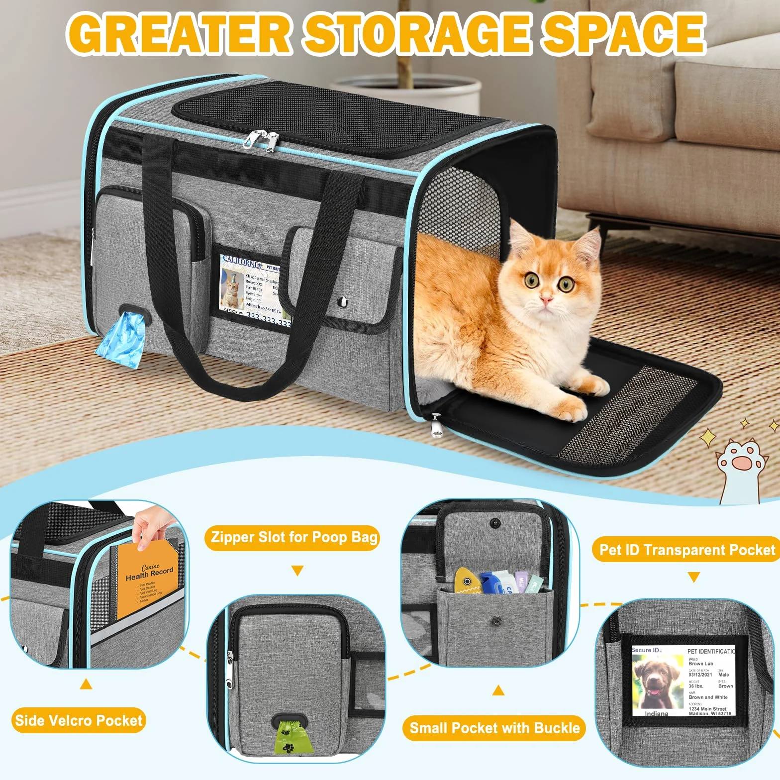 TEUEN Transportín Plegable Aprobado por Aerolíneas - Bolsa Viaje para Gatos y Perros hasta 9kg, 4 Lados de Malla, Tejido Antiarrañazos con Cojín Lavable y Correa de Seguridad
