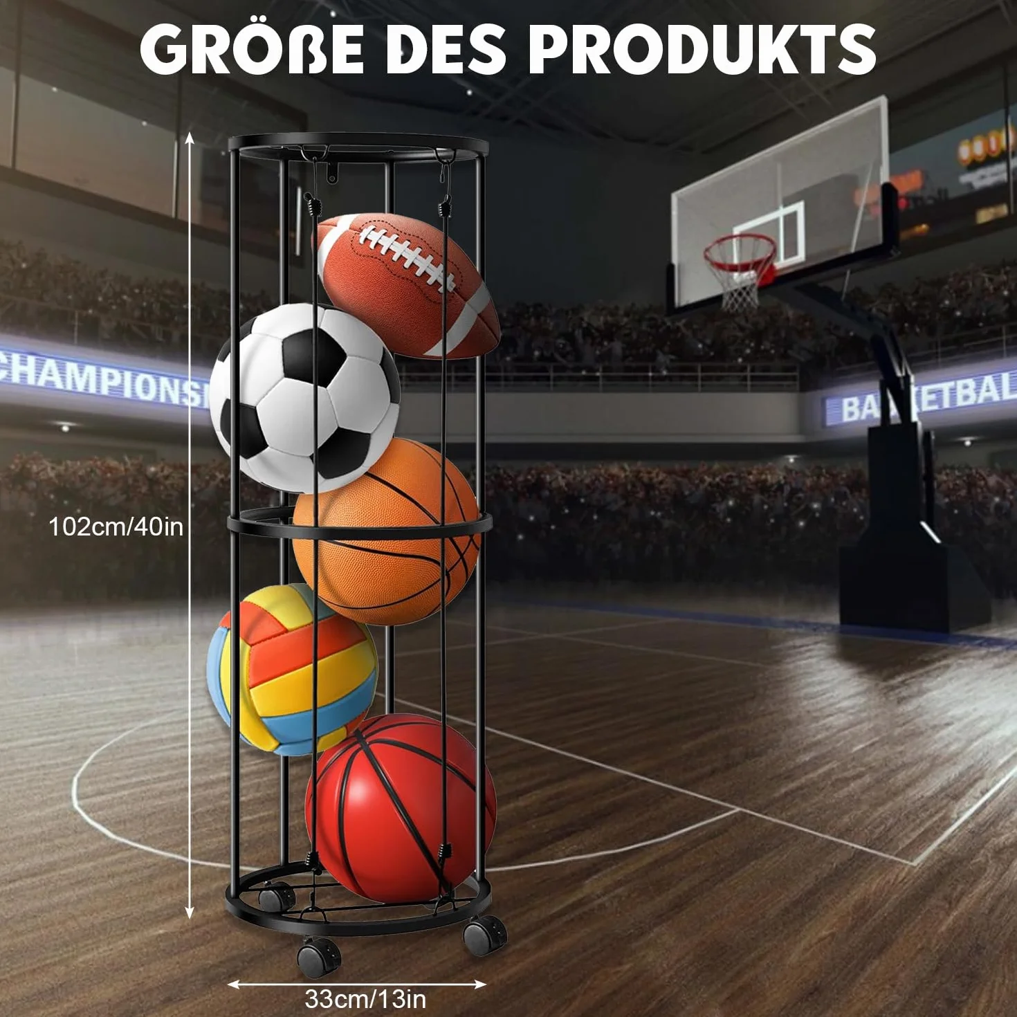 Soporte vertical para pelotas con ruedas, jaula de almacenamiento montada en la pared, estantería para baloncesto, fútbol y voleibol
