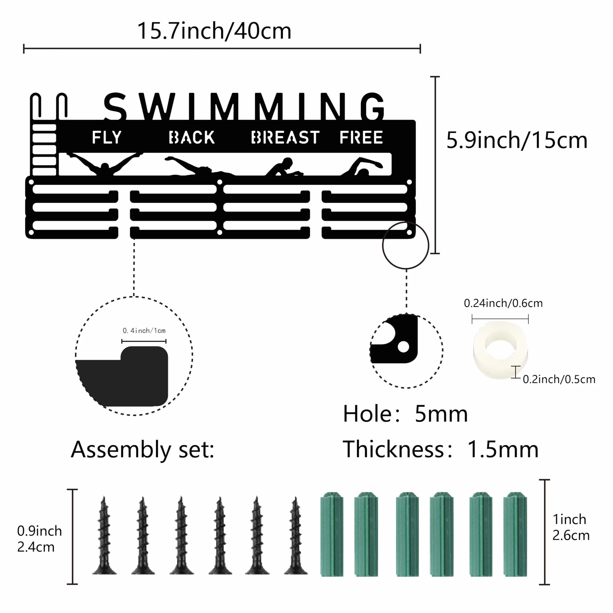 CREATCABIN Colgador para Medallas Natación, Organizador Medallas Hierro Y Metal Negro, Marco para Colgar sobre 60 Medalla, 40x15cm