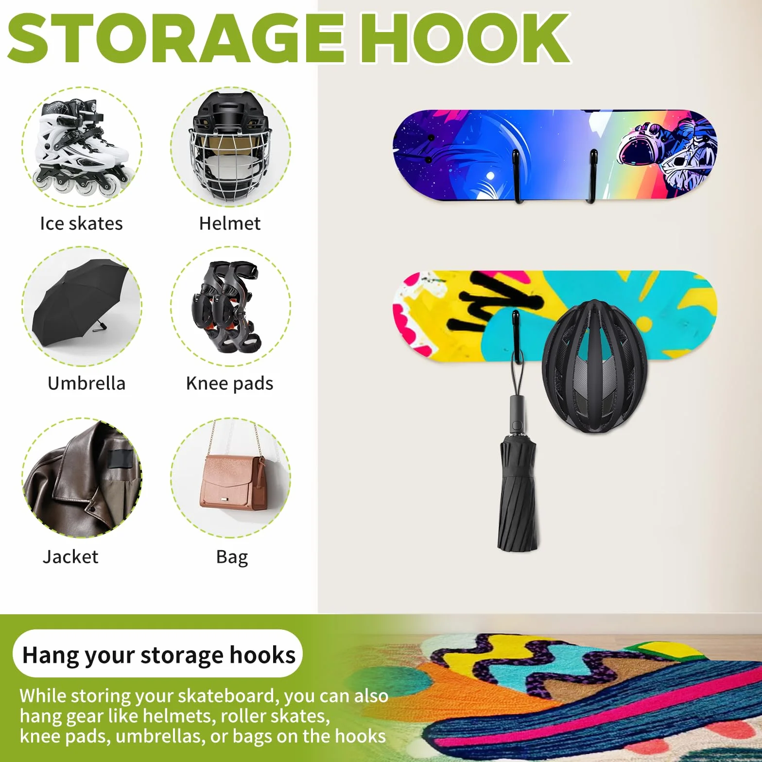 Soporte Skate Pared, Tabla Snowboard de Pared para Monopatines, Snowboards y Esquís, Gancho Almacenamiento, 1 Par
