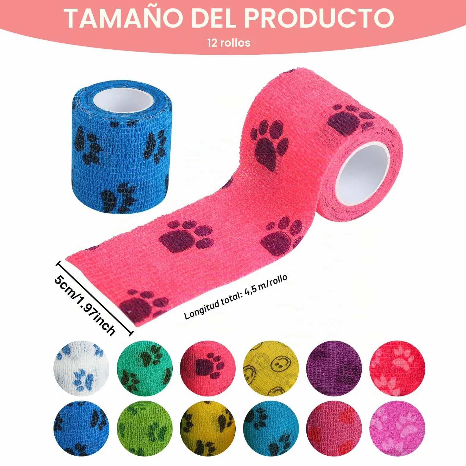 12 piezas de vendas autoadhesivas, venda cohesiva, vendas cohesivas y venda autoadhesiva elástica para perros, caballos y otros animales – Ideal para cuidar articulaciones, tobillos y más, 5cm x 4,5 m