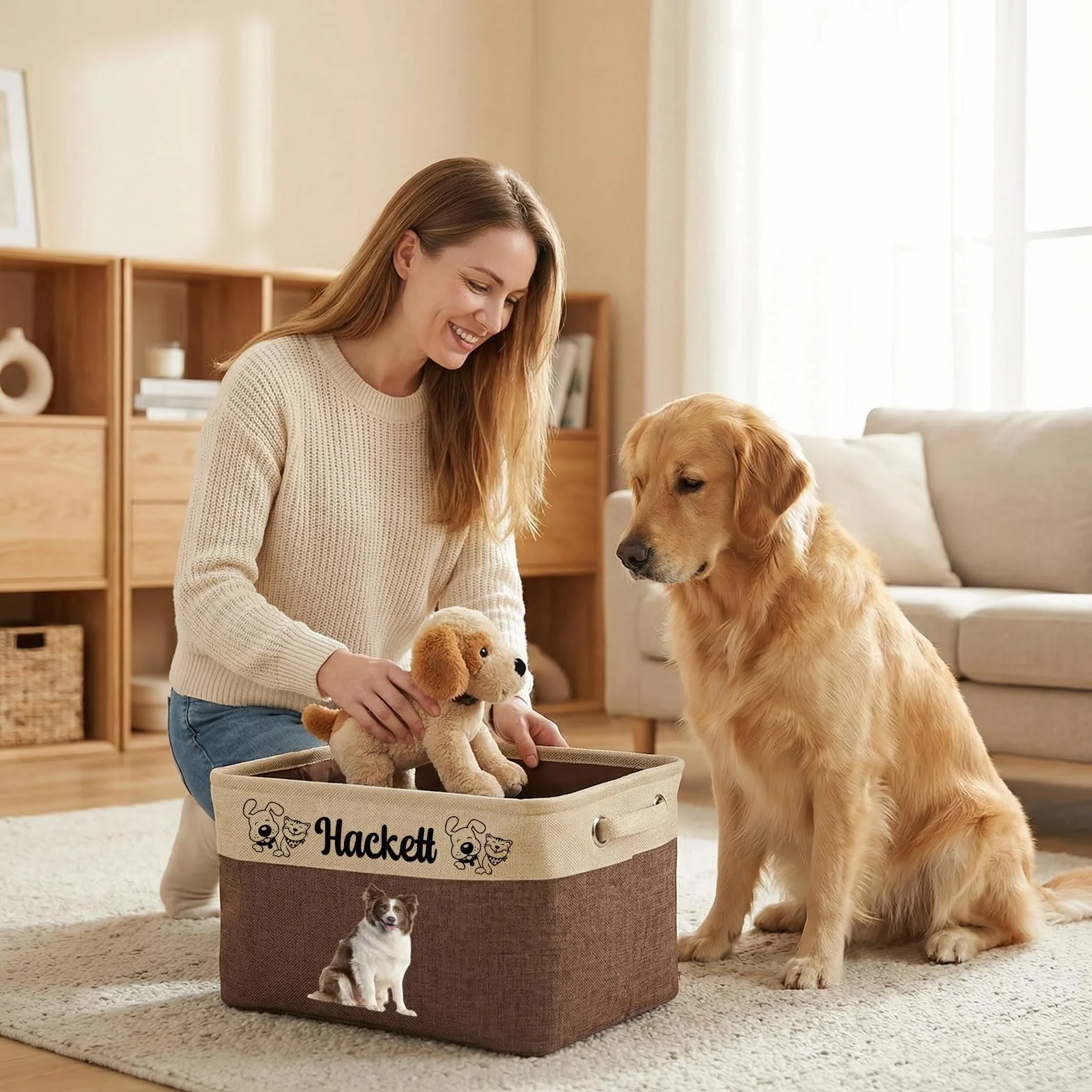 Cesta de almacenamiento personalizada para juguetes de perro, cesta plegable personalizada para mascotas con nombre y foto, cesta para juguetes de perro y suministros para mascotas (Rosa)
