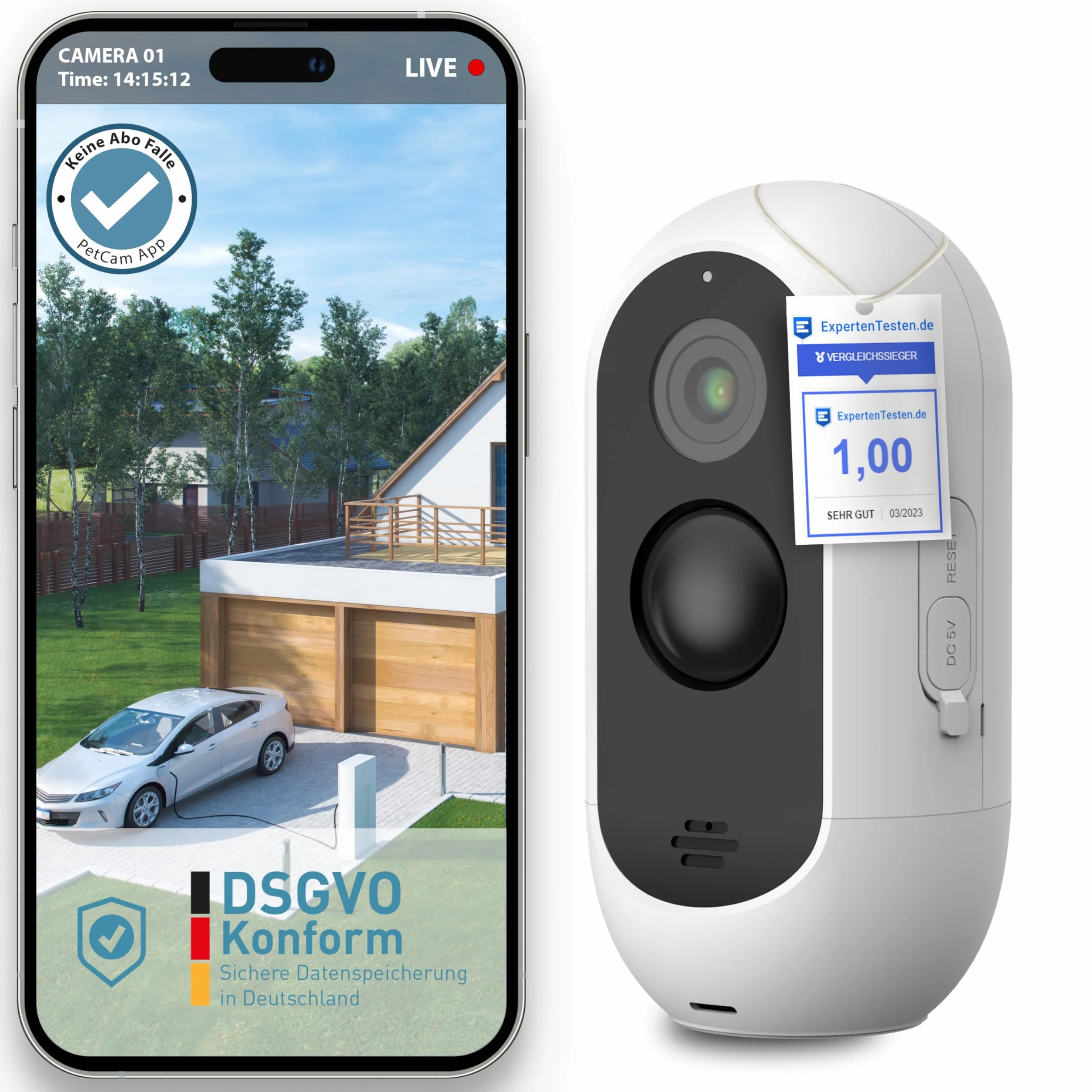 PetTec® CAM Free - Cámara Inalámbrica para Mascotas con App [SIN SUSCRIPCIÓN] - para Gatos y Perros, Interior/Exterior - Detección de Movimiento, Función de Voz - Batería hasta 9 Meses sin Cargar