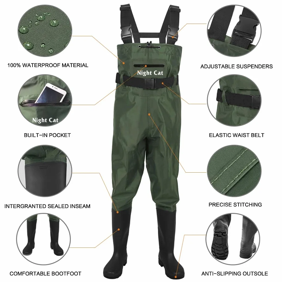 Night Cat Vadeadores de Pesca Impermeables Transpirables para Hombres y Mujeres, 1 Talla Más Grande