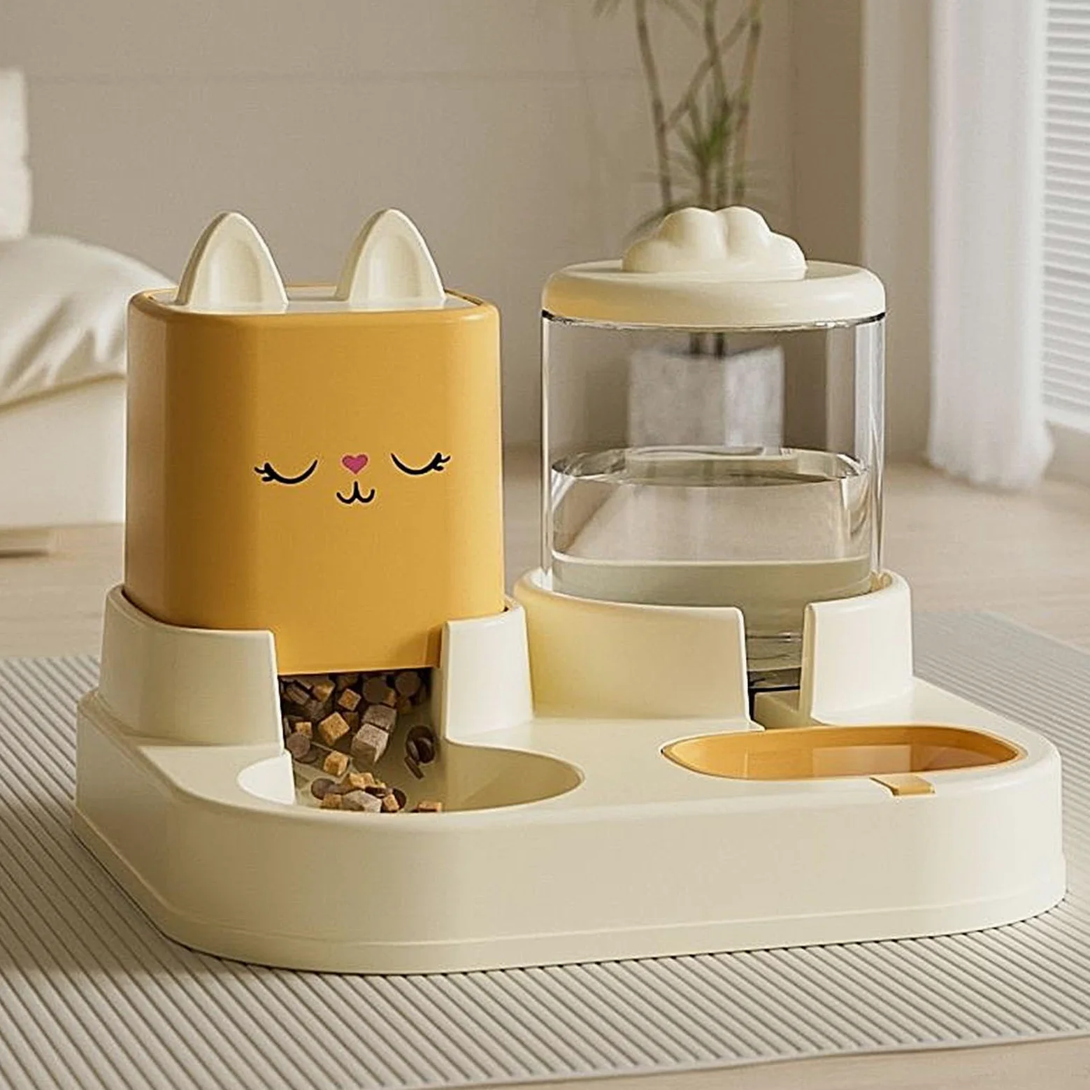 Comedero automático para Mascotas Juego de comedero y Bebedero for Gatos, comedero y Bebedero for Mascotas, Cuencos Dobles con Bebedero automático.(Yellow)