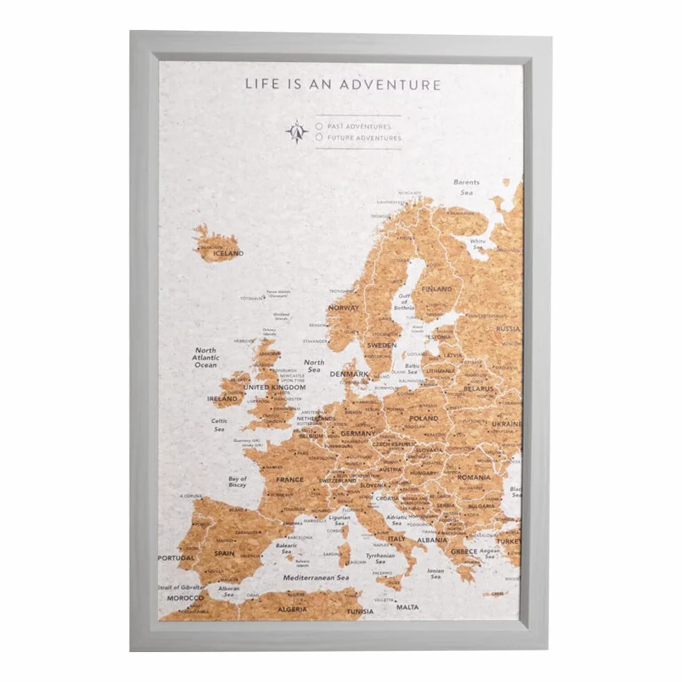 Splosh Tablero de Chinchetas de Viaje Pequeño Europa Marco de Madera Gris 100 Chinchetas