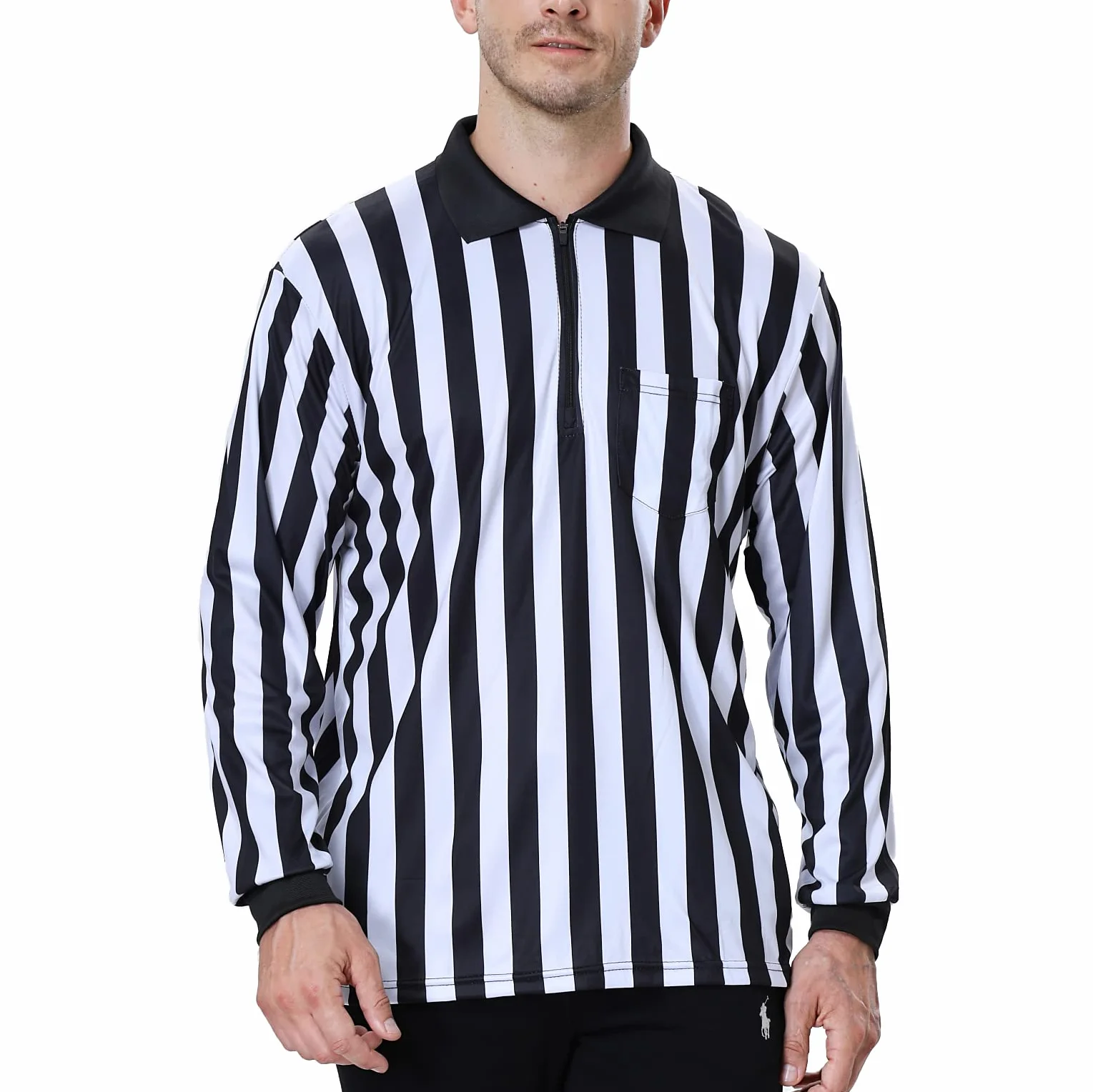 TopTie Camiseta árbitro Manga Larga Deporte Ropa Cremallera 1/4 Rayas Negras y Blancas