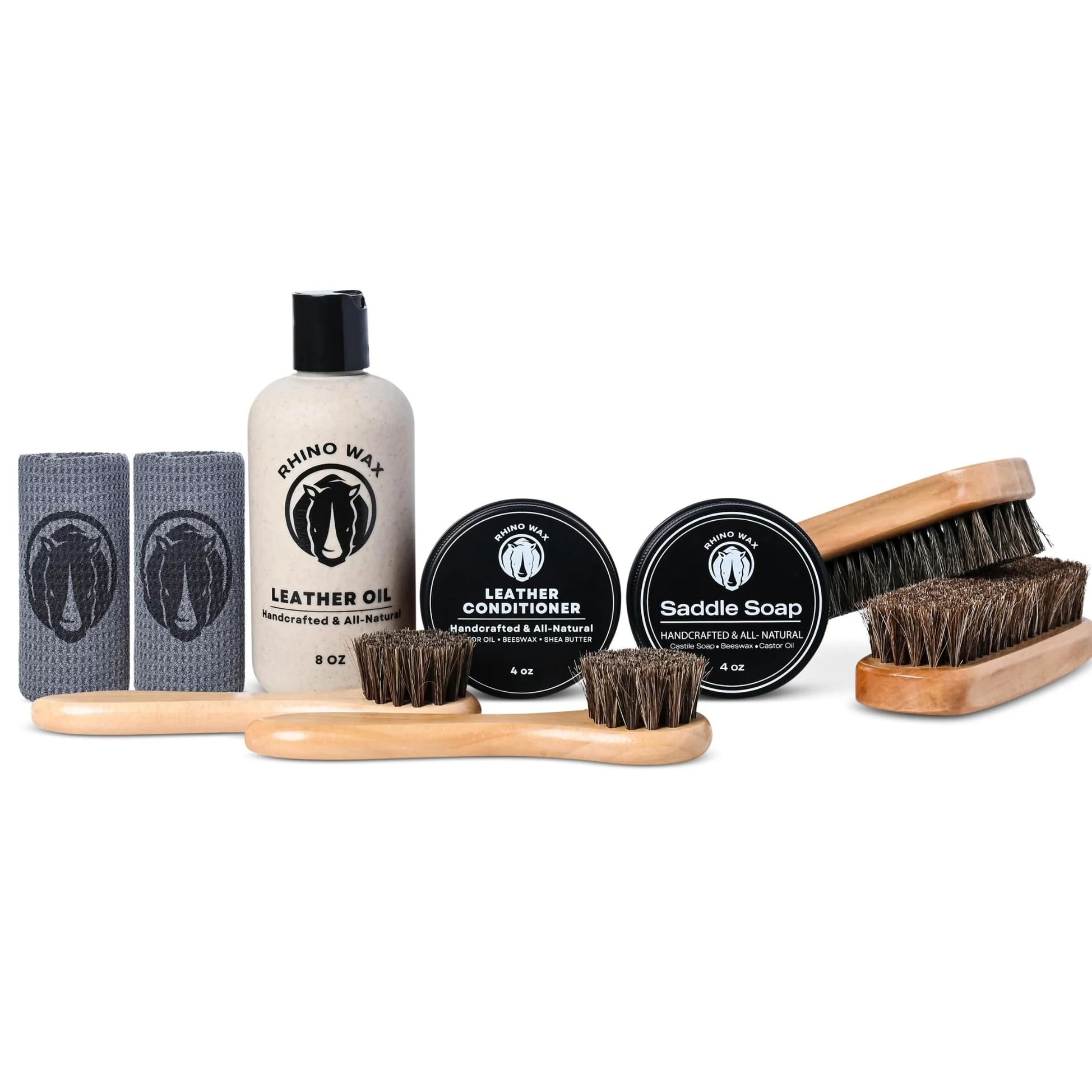 Rhino Wax - Kit completo de jabón para sillín y tachuelas para caballos - Incluye: jabón de sillín - acondicionador de cuero - aceite - cepillos - paños. Suministros ecuestres (botas, bridas, sillines