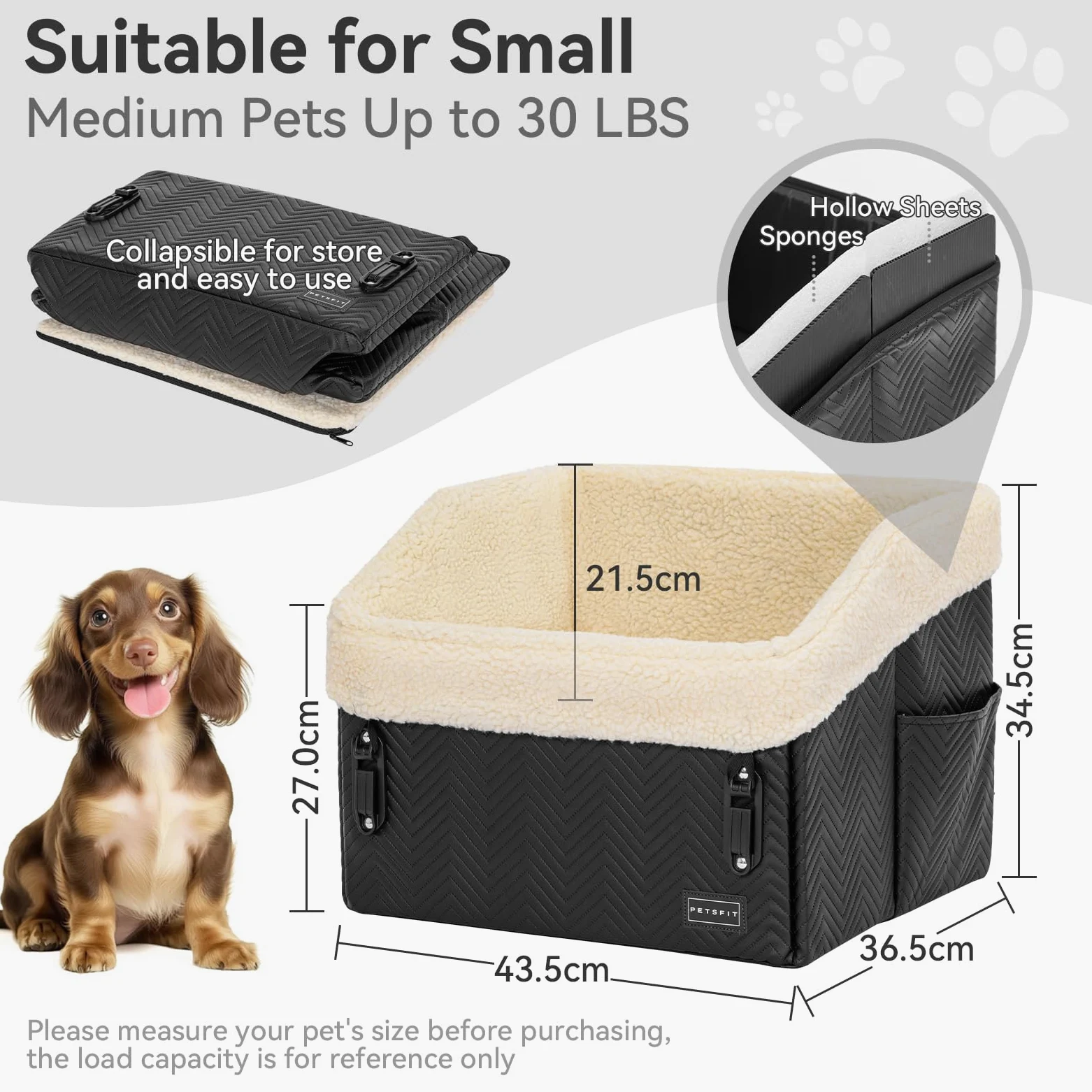 PETSFIT Asiento de Coche para Perros Pequeños (Ajustable 12,5cm) - Dog Car Seat Bed Sillas para Perros para Coche con Hebillas de Seguridad Patentadas