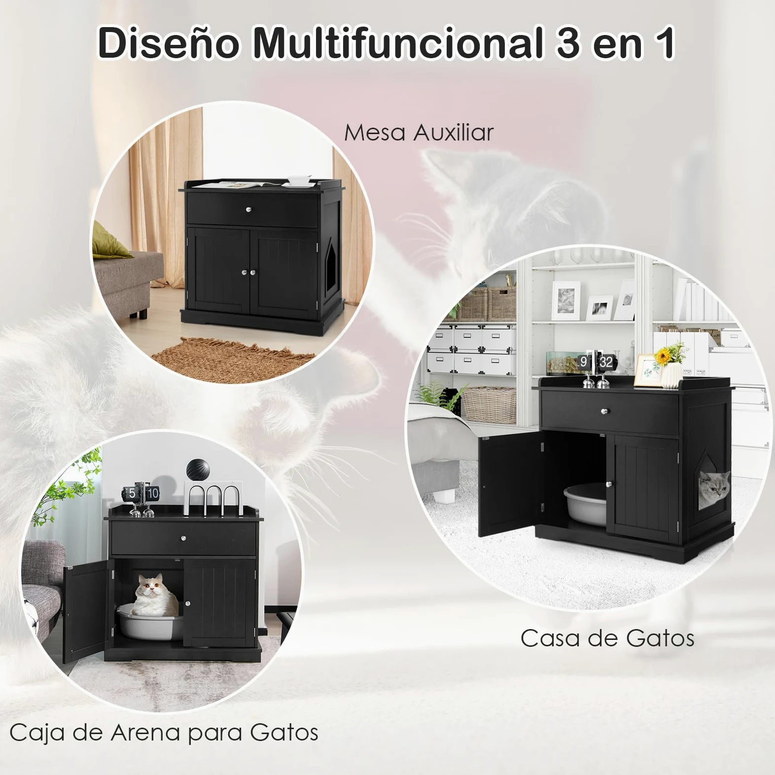 GOPLUS 3 en 1 Mueble Arenero para Gatos, Caja de Arena para Gatos con Cajones, Aseo Cerrado para Gato con Puertas Dobles y Agujeros, Casa de Mascotas Interior, Mesa Auxiliar con Lavabo Oculto (Negro)