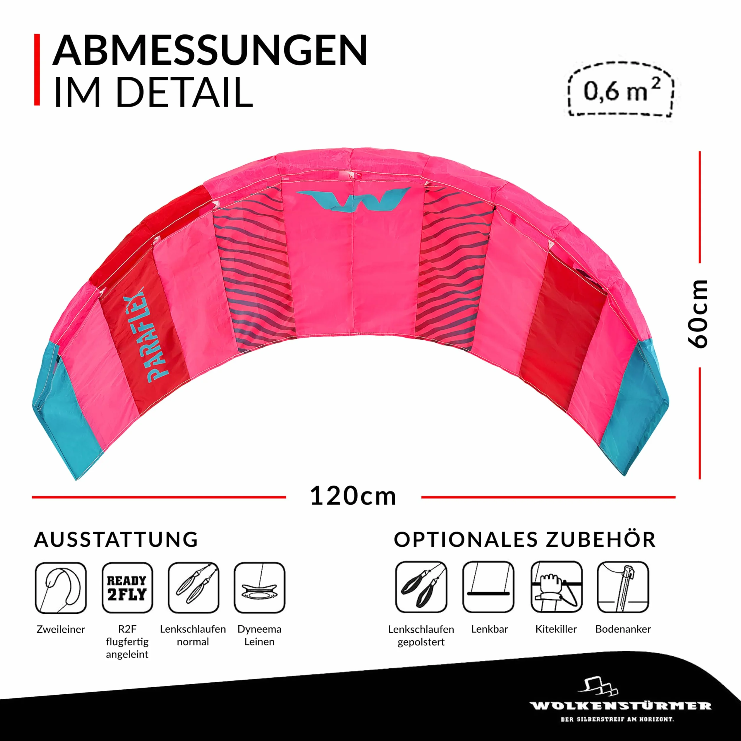 Wolkenstürmer Paraflex Basic 1.2 Cometa Pilotable, Poliéster Ripstop 70D, Rosa, 120 cm, 14 años, 2 líneas 45 kg