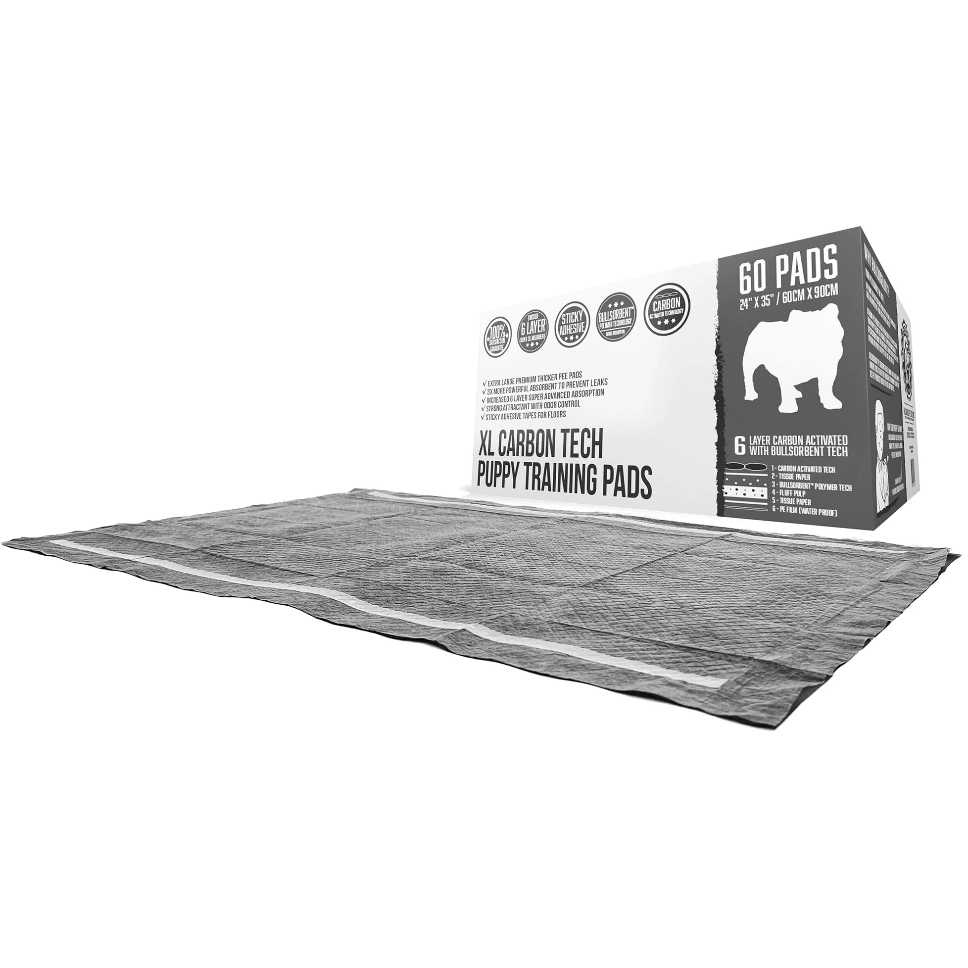 Bulldogology Premium Carbon XL - Empapadores Atrayente de Micciones para Cachorros con Cinta Adhesiva – 6 Capas con Tecnología de Polímero de Secado Rápido