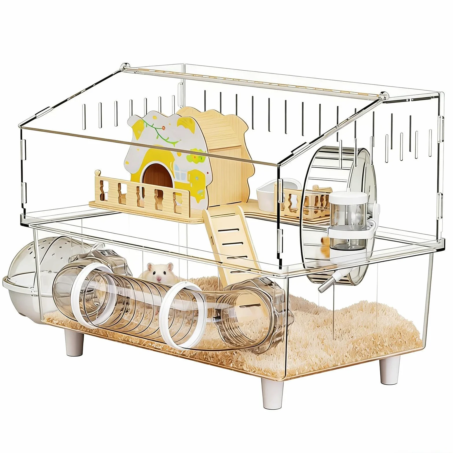 Jaula para Hámster Casa Transparente de 2 Niveles para Chinchilla | Jaula para Hámster Enano para Observación de Animales Pequeños en Interiores y Exteriores