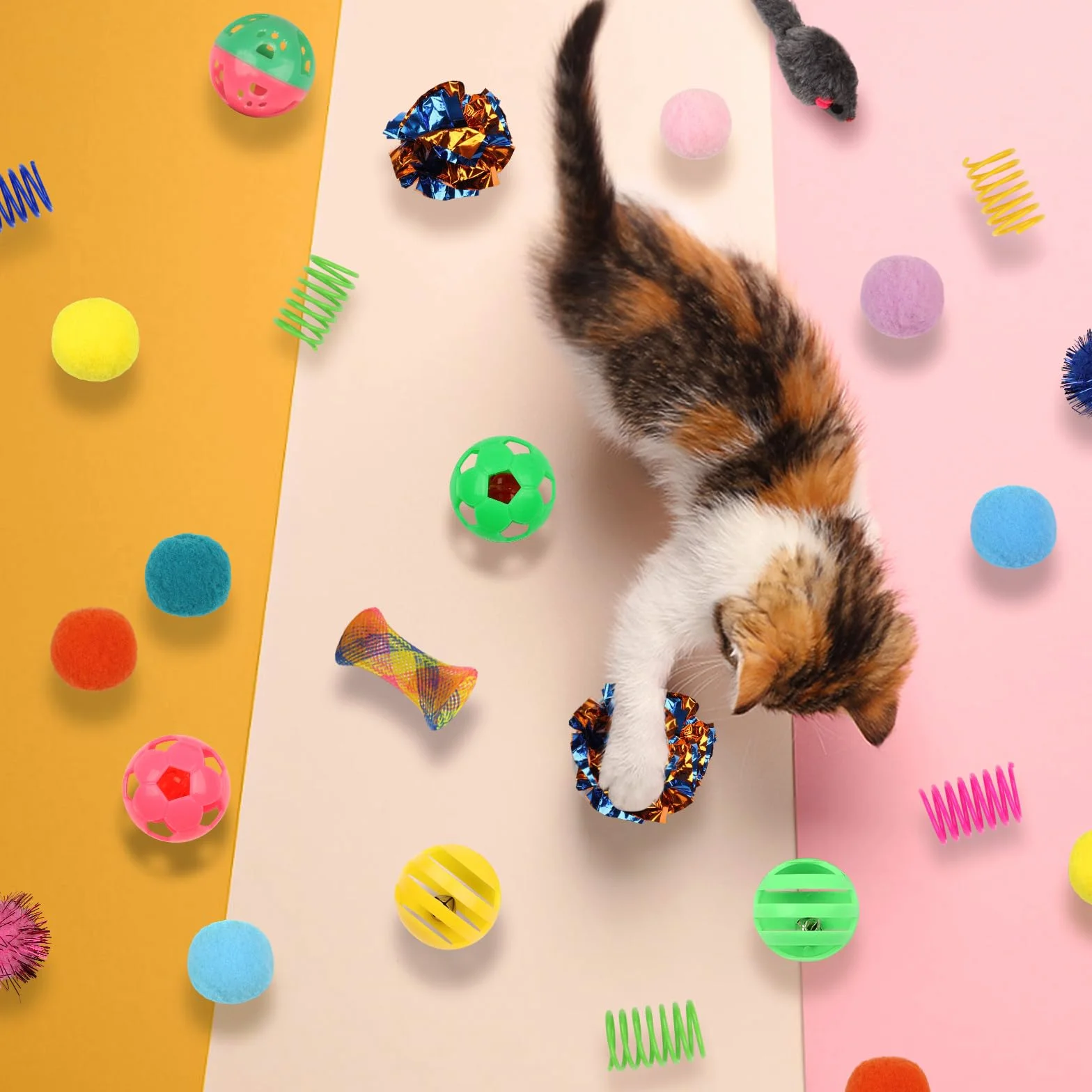 QUOZUO Juego interactivo para gatos, 60 resortes, bolas brillantes, juguetes de ratón, bolas arrugadas y pompones para gatitos