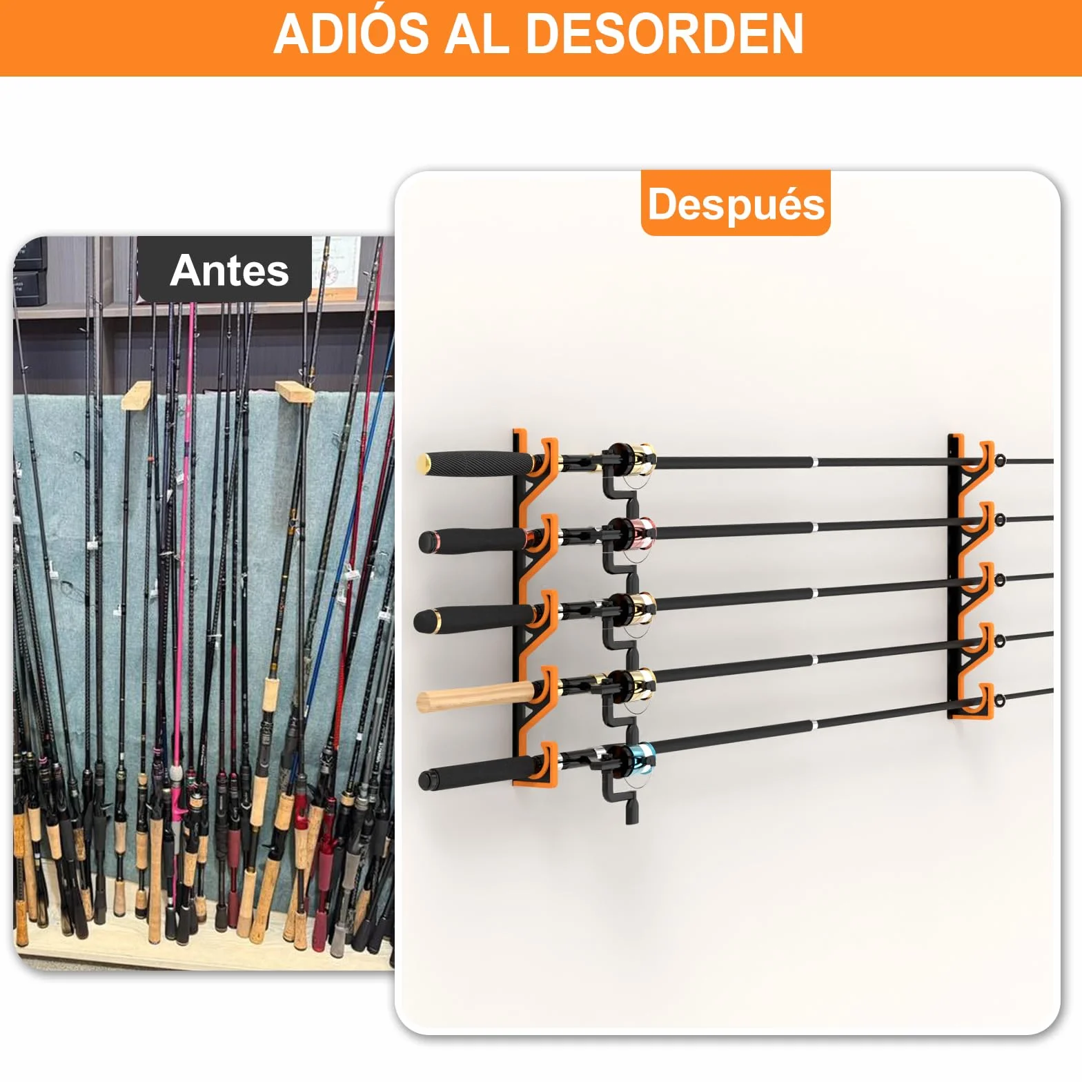 Soporte Cañas Pescar Pared Techo, Organizador Horizontal 5 Cañas, Porta Cañas Pescar Garage Goma PU, Estante Antiarañazos Negro Amarillo