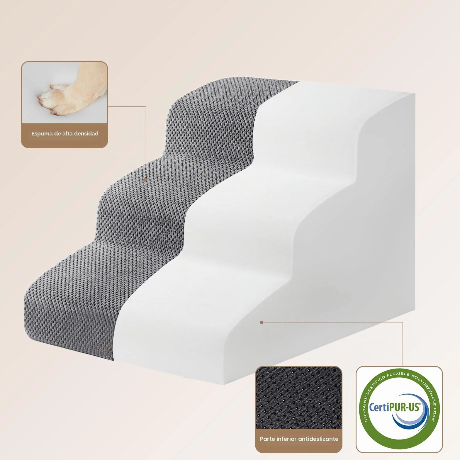EHEYCIGA Escalera para Perros Pequeños 3 Peldaños, 40x57x40 cm, Rampa para Perros de Espuma para Cama, Escalera para Mascotas Mayores con Funda Lavable y y Fondo Antideslizante, Gris