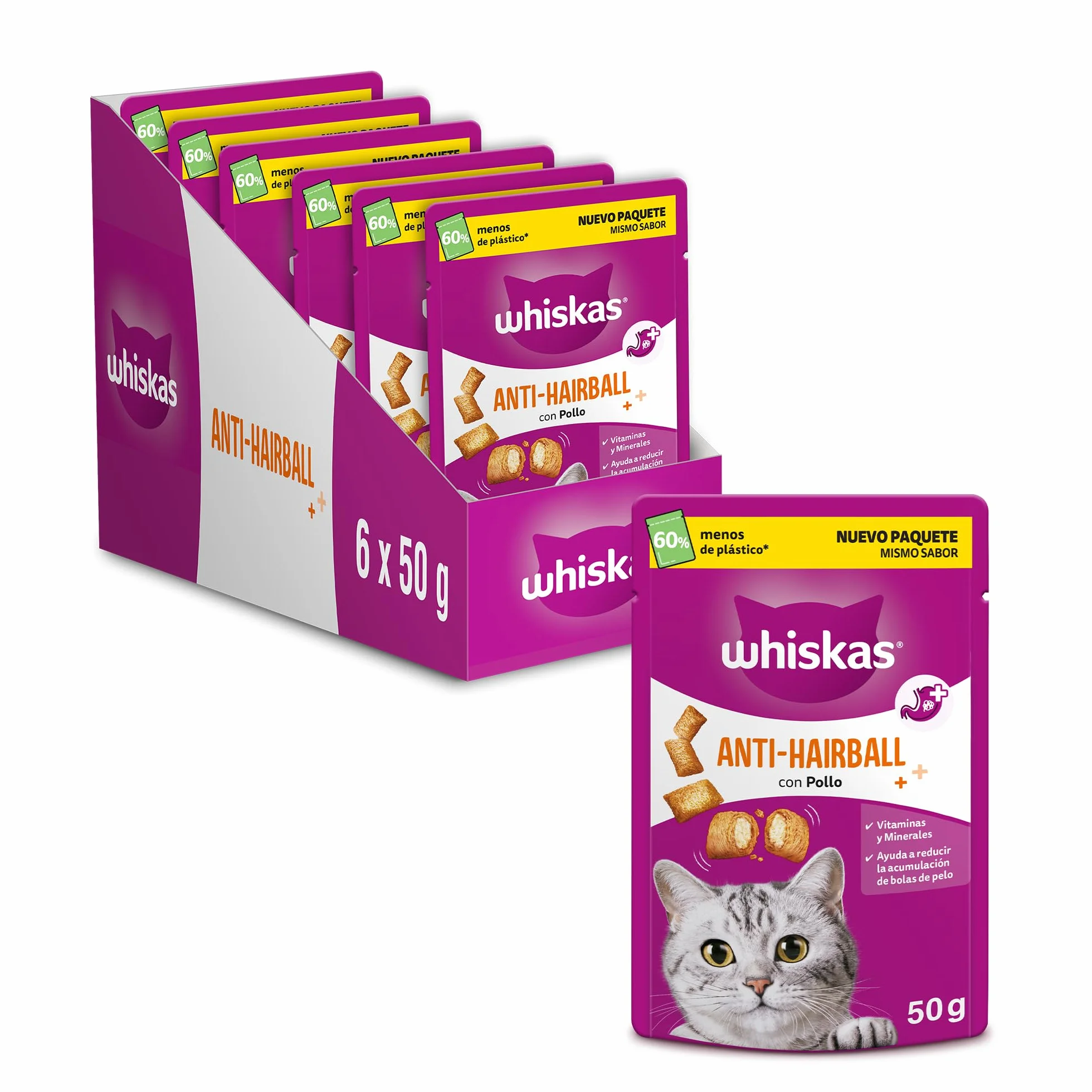 whiskas Snacks Anti-Hairball para Gatos, 50g (Pack de 6)