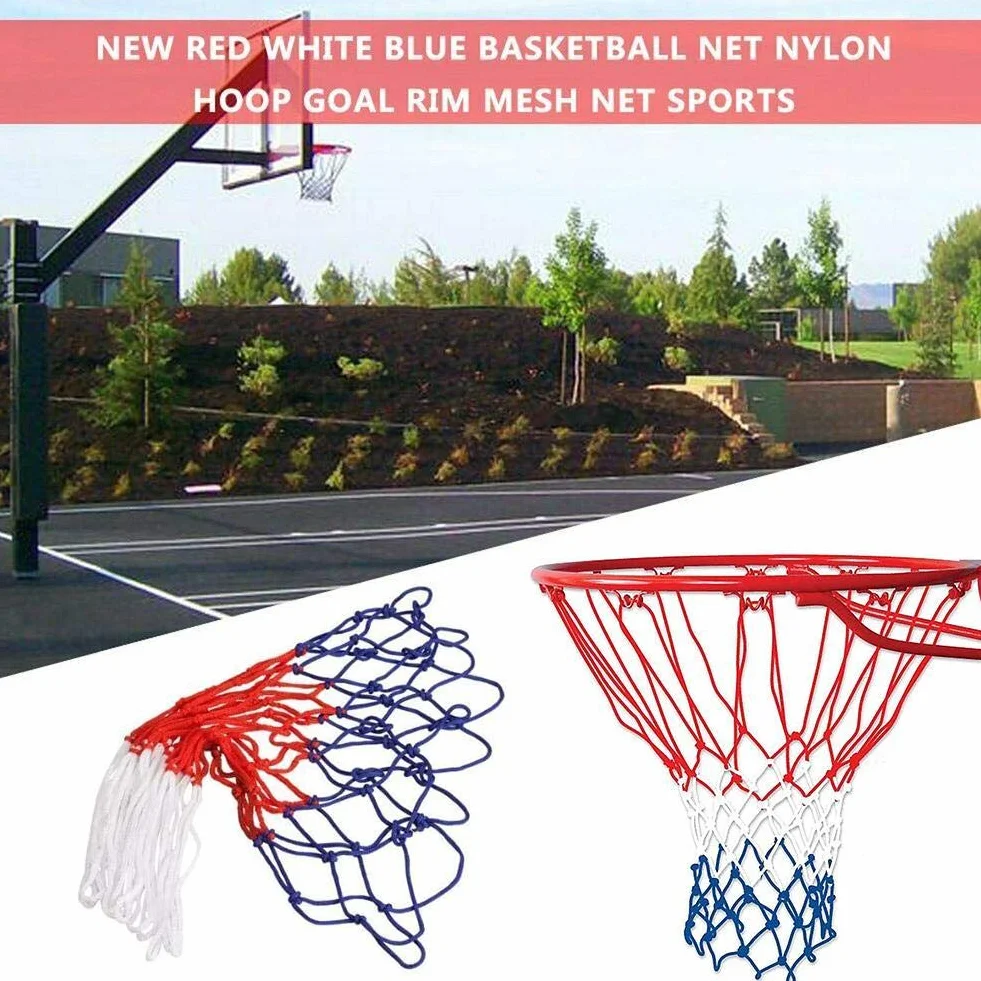 Red de repuesto para canasta de baloncesto de nailon trenzado tricolor rojo/blanco/azul, 12 pasadores
