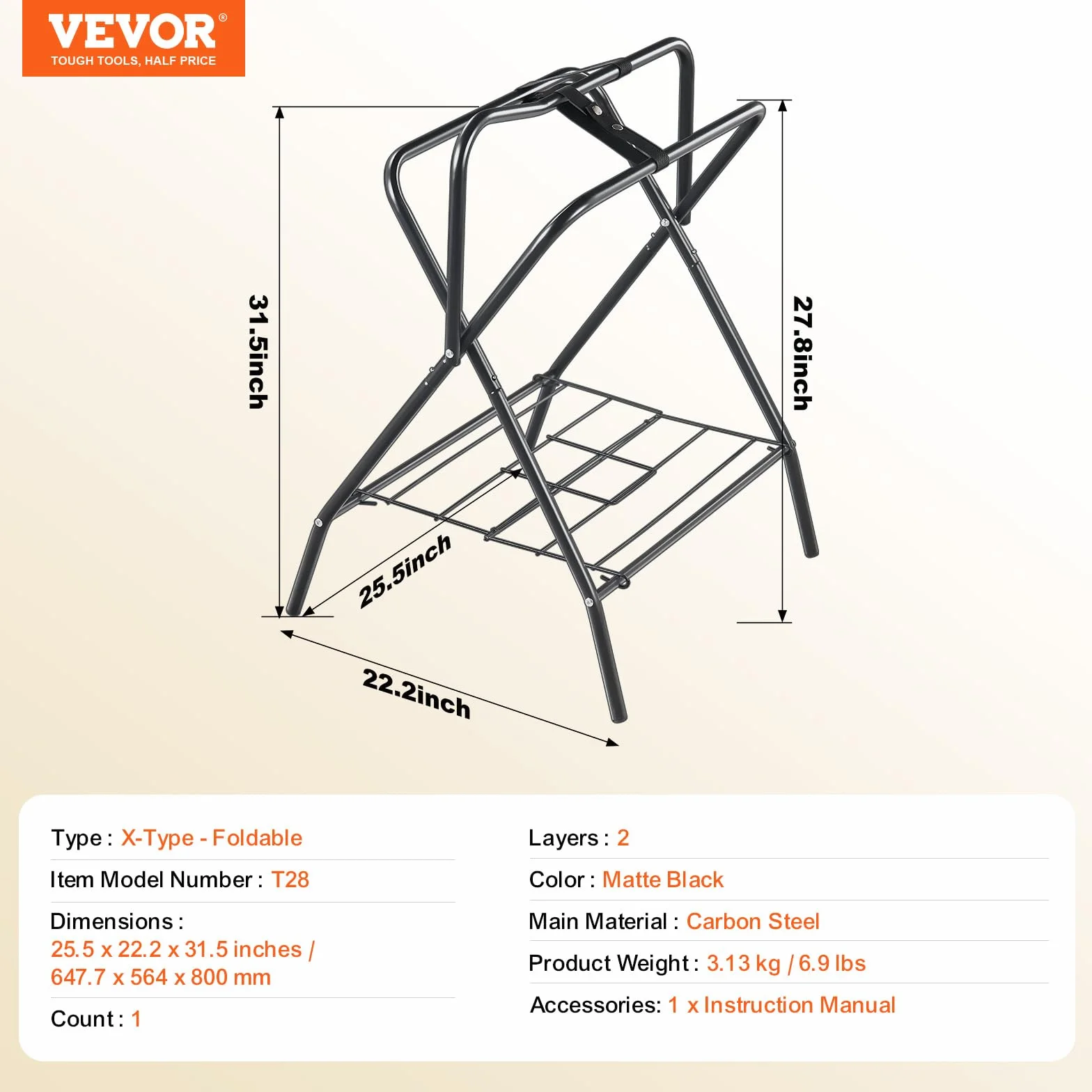 VEVOR Soporte Plegable para Sillín de Caballo de 71 x 48 x 95 cm, Soporte Independiente para Mantas de Caballo Carga de 60 kg, Soporte de Acero Resistente para Sillín Inglés y Occidental, Negro