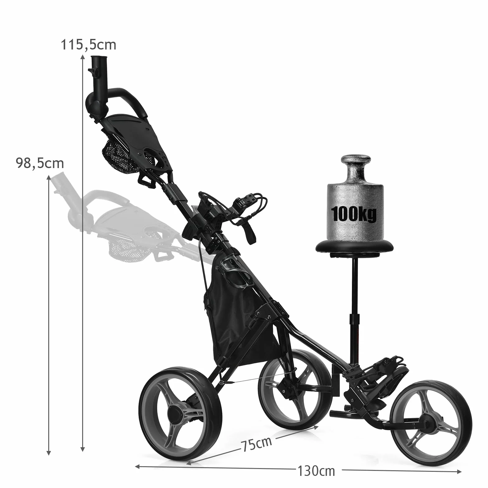 GYMAX Carro de Golf Plegable 3 Ruedas con Altura Ajustable y Portabebidas