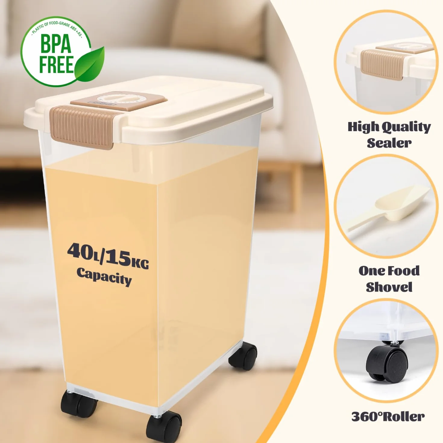 Nobleza Contenedor de Pienso para Mascotas 40L, con Ruedas, Tapa Abatible, Cuchara y Marcador de Fecha, Caja Hermética Transparente para Perros y Gatos