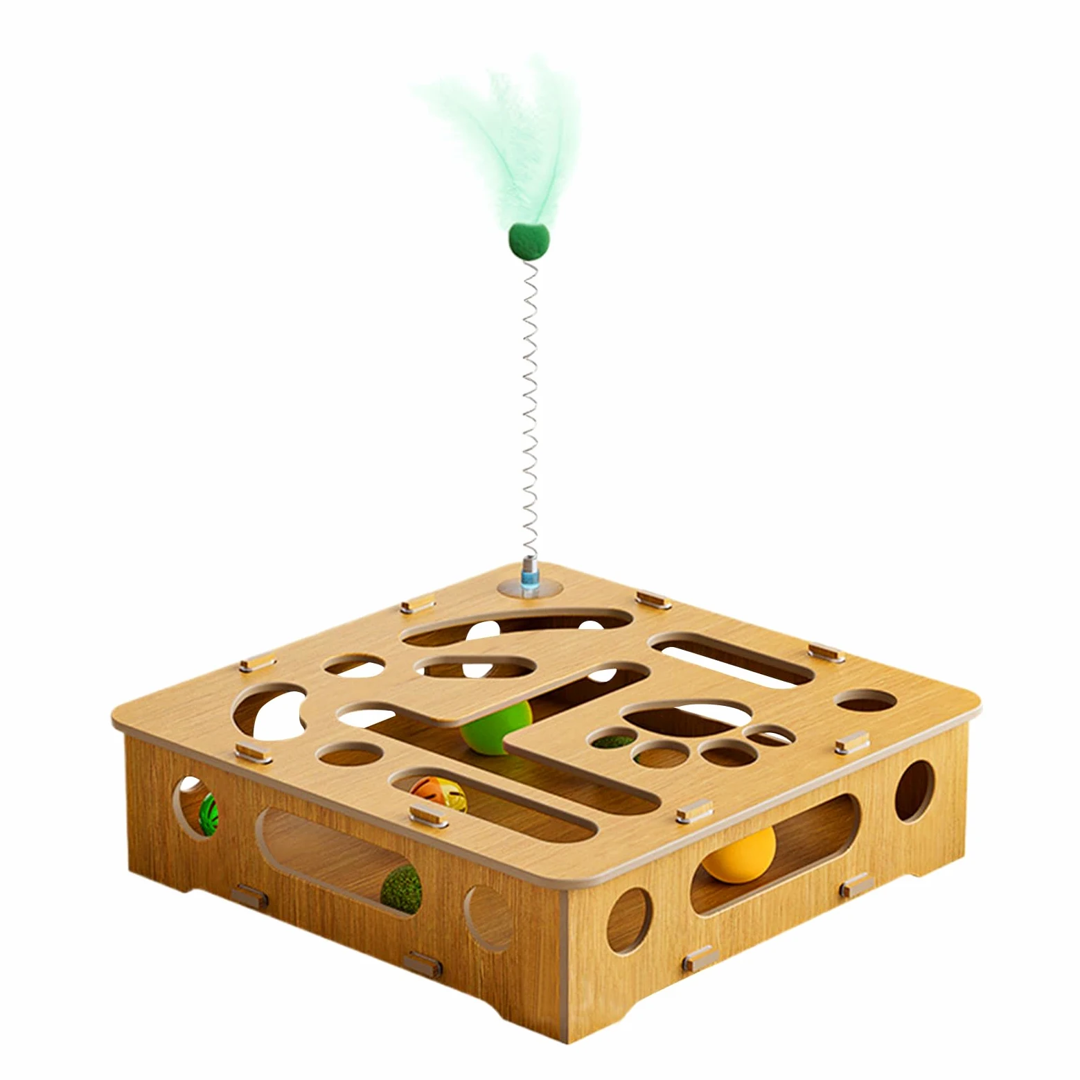 Juguete de rompecabezas para gatos, juguetes interactivos, caja de madera con plumas y bolas, para gatos de interior