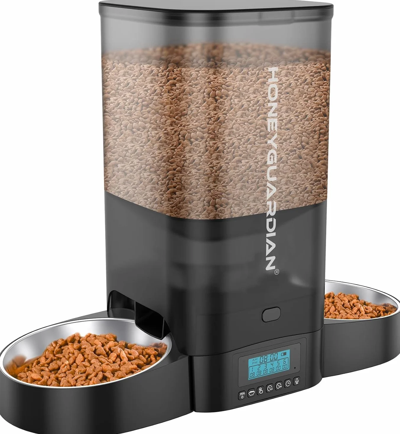 HoneyGuaridan Comedero Gato Automatico Doble, Dispensar Uniformemente, 5L Dispensador Comida Gatos y Perros con Grabación 10s en Diseño Sellado - hasta 6 Comidas al Día (Cuencos de Acero Inoxidable)