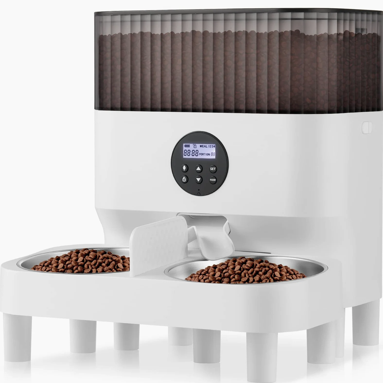 Sailvono - Comedero automático para Gatos y Perros, 5 L, con Dos Cuencos de Acero, Control de porciones, grabación de Voz, hasta 4 Comidas al día, Color Blanco