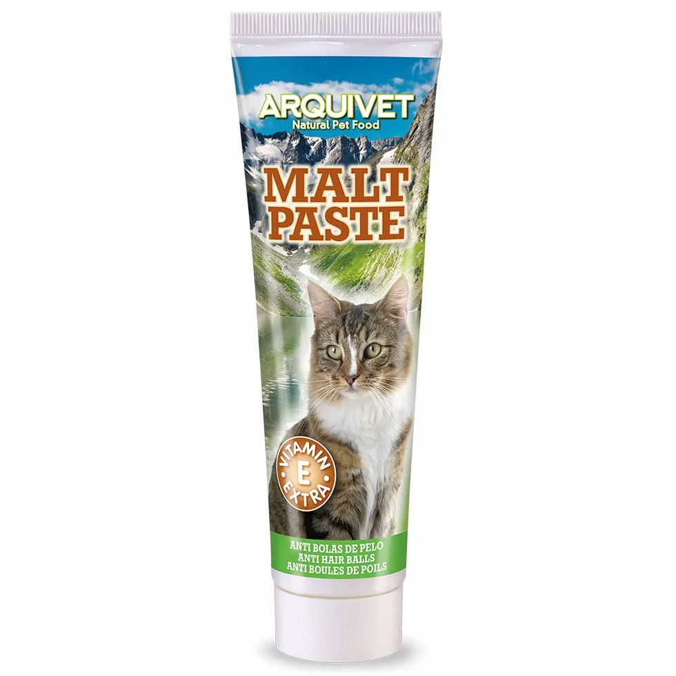 Arquivet Pasta de Malta para Gatos 100 gr - Ayuda a prevenir la acumulación de Bolas de Pelo - Favorece el tránsito intestinal - Alimento complementario para Gatos