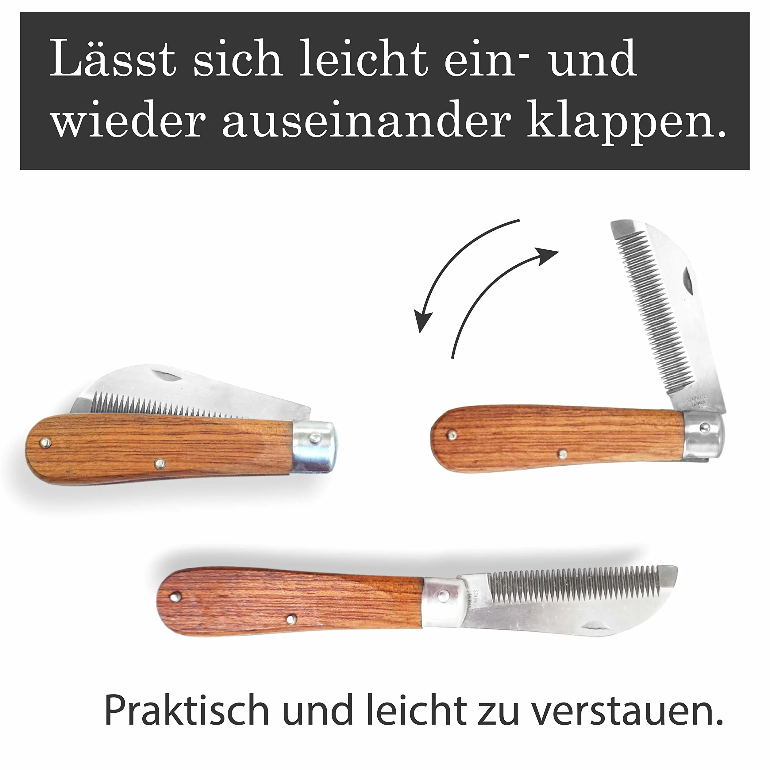 Cuchillo para crines de caballo, longitud de 18 cm, mango de madera resistente, plegable, acero inoxidable, mango de madera
